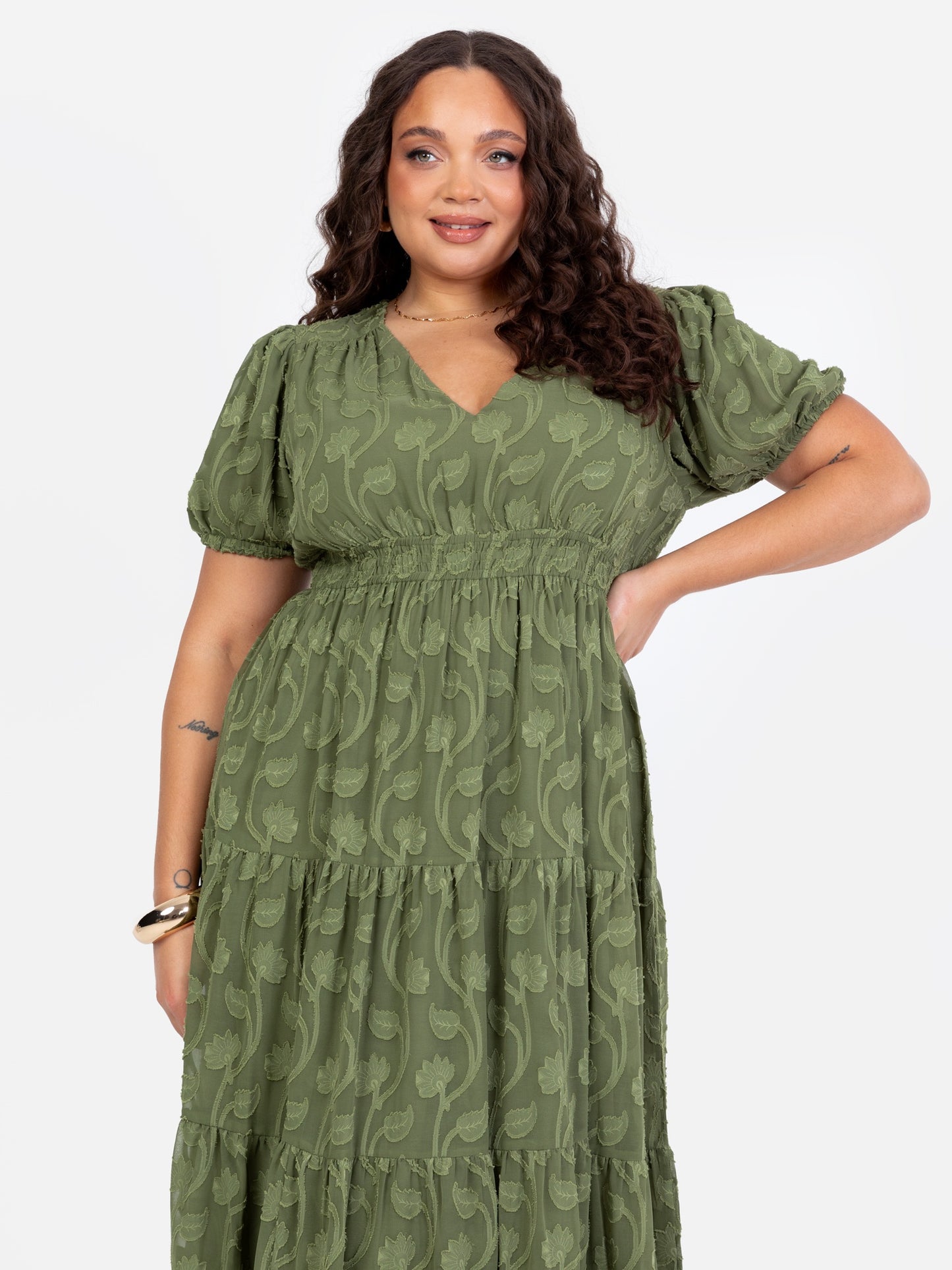 Lovedrobe Khaki Short Sleeve Floral Burnout Midi Dress