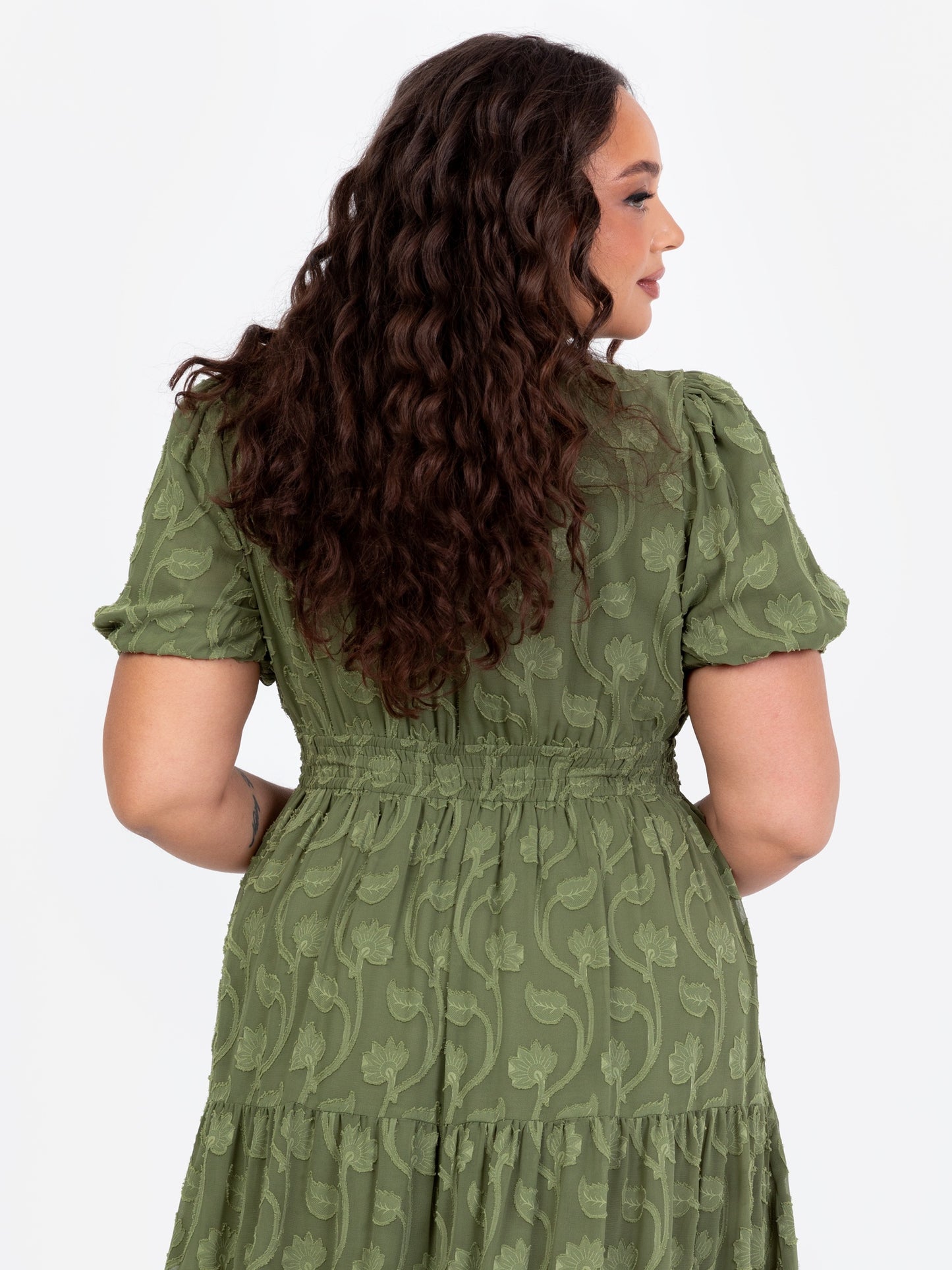 Lovedrobe Khaki Short Sleeve Floral Burnout Midi Dress