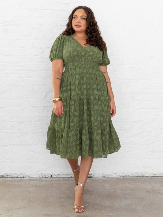 Lovedrobe Khaki Short Sleeve Floral Burnout Midi Dress