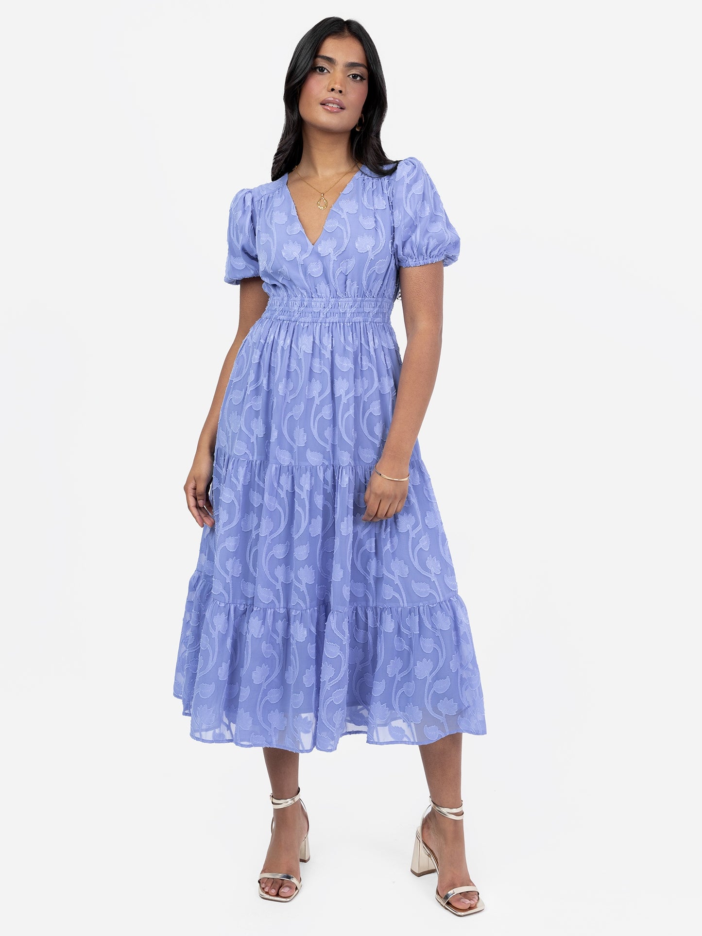 Lovedrobe Blue Short Sleeve Floral Burn Out Midi Dress