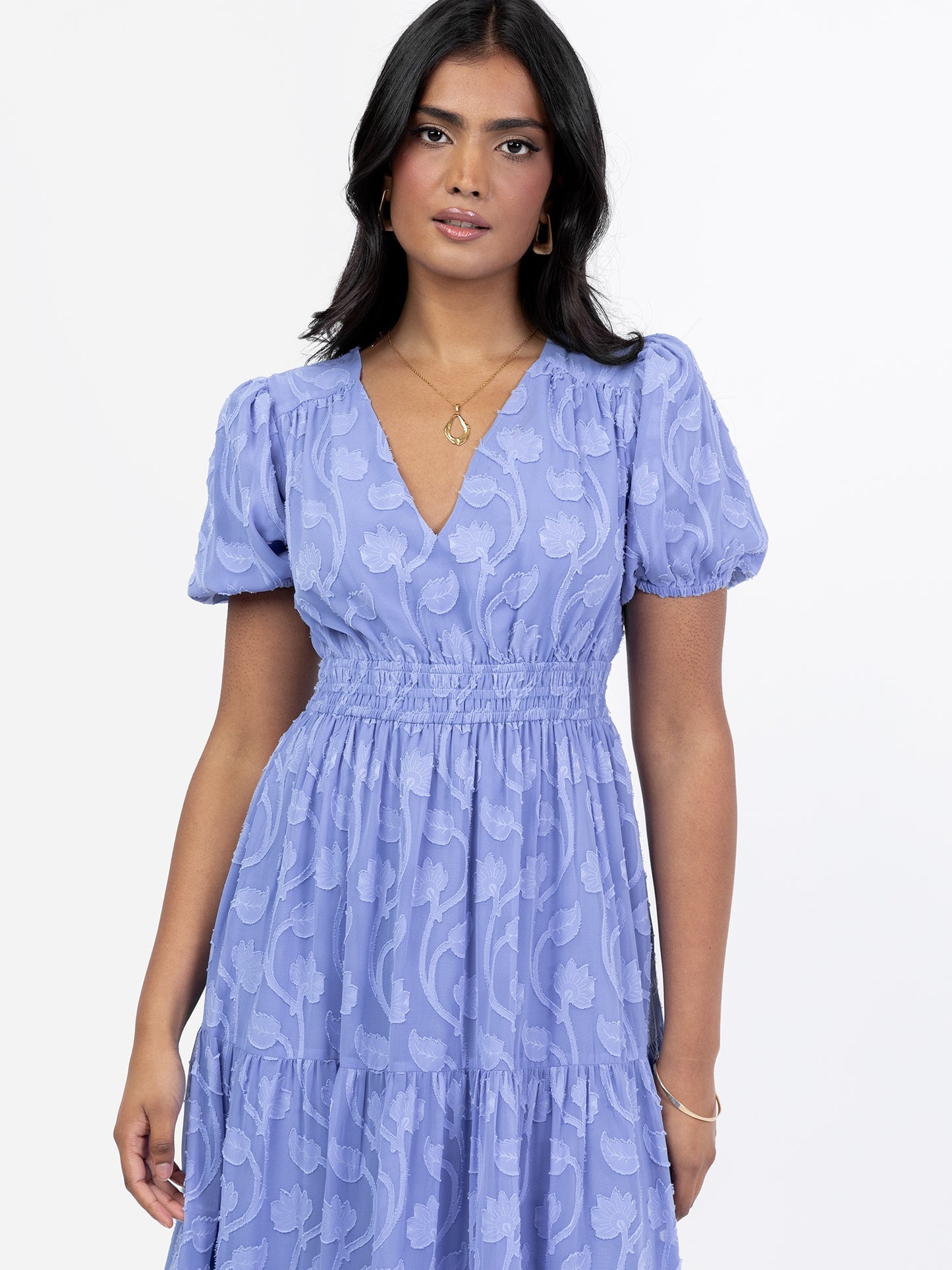 Lovedrobe Blue Short Sleeve Floral Burn Out Midi Dress