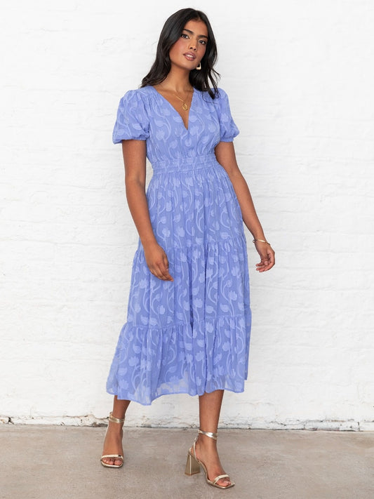 Lovedrobe Blue Short Sleeve Floral Burn Out Midi Dress