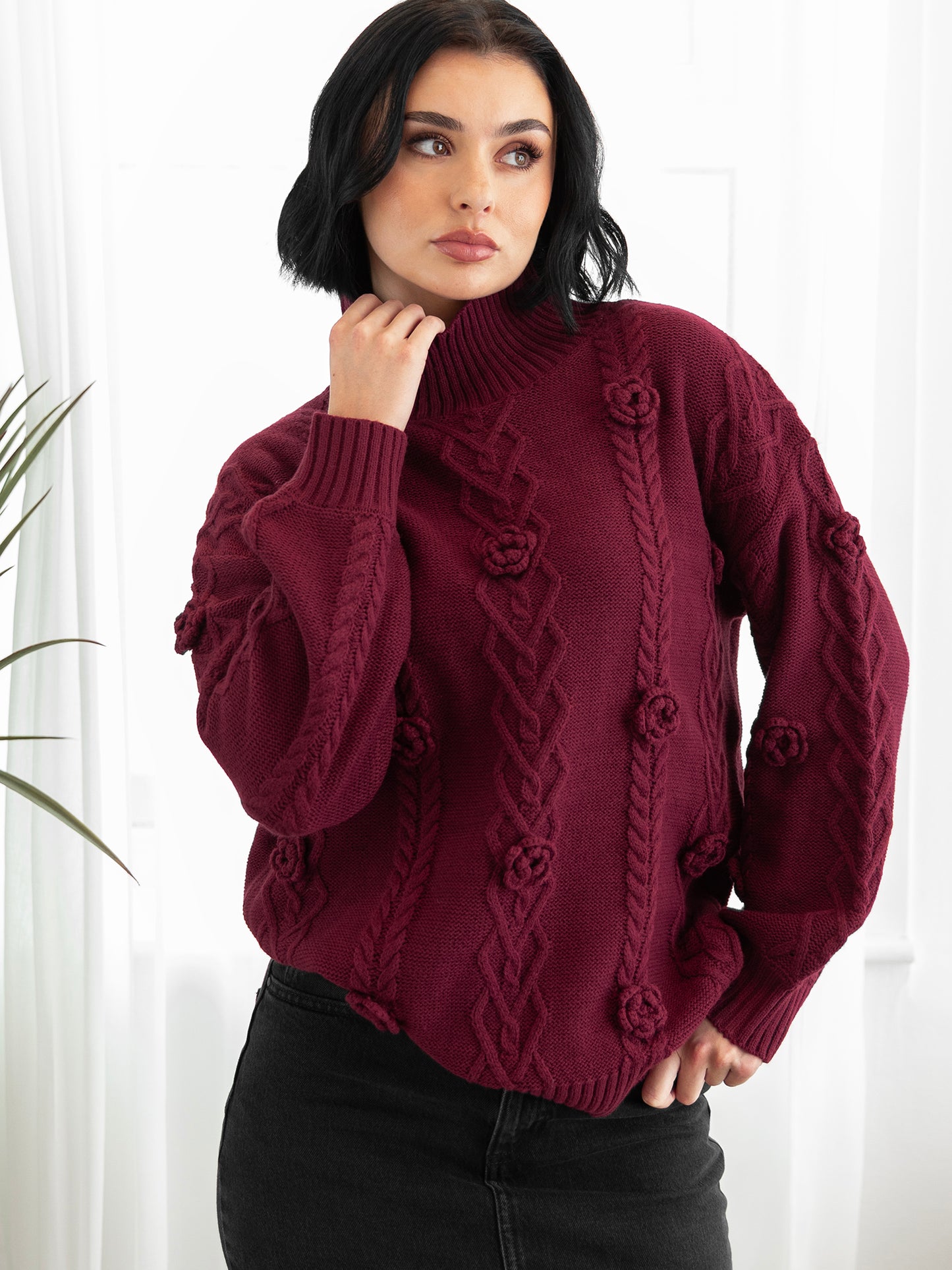 Lovedrobe Burgundy Cable Knit High Neck Jumper with Floral Detail