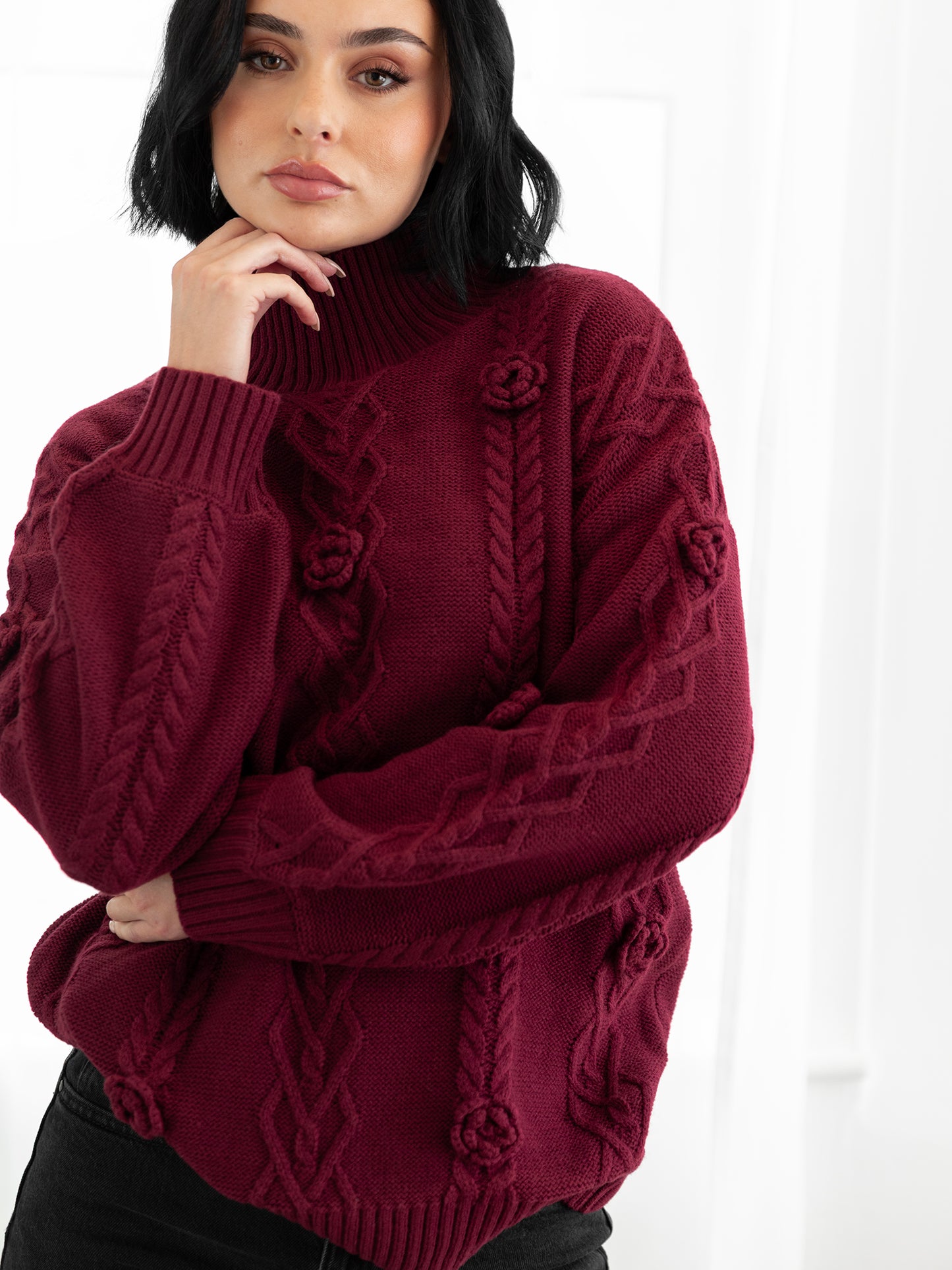 Lovedrobe Burgundy Cable Knit High Neck Jumper with Floral Detail