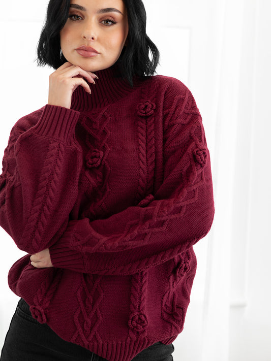 Lovedrobe Burgundy Cable Knit High Neck Jumper with Floral Detail
