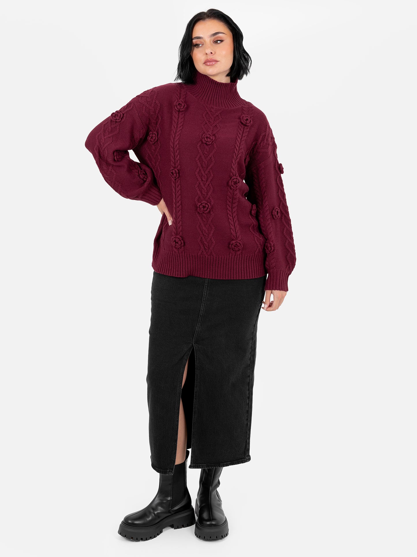 Lovedrobe Burgundy Cable Knit High Neck Jumper with Floral Detail