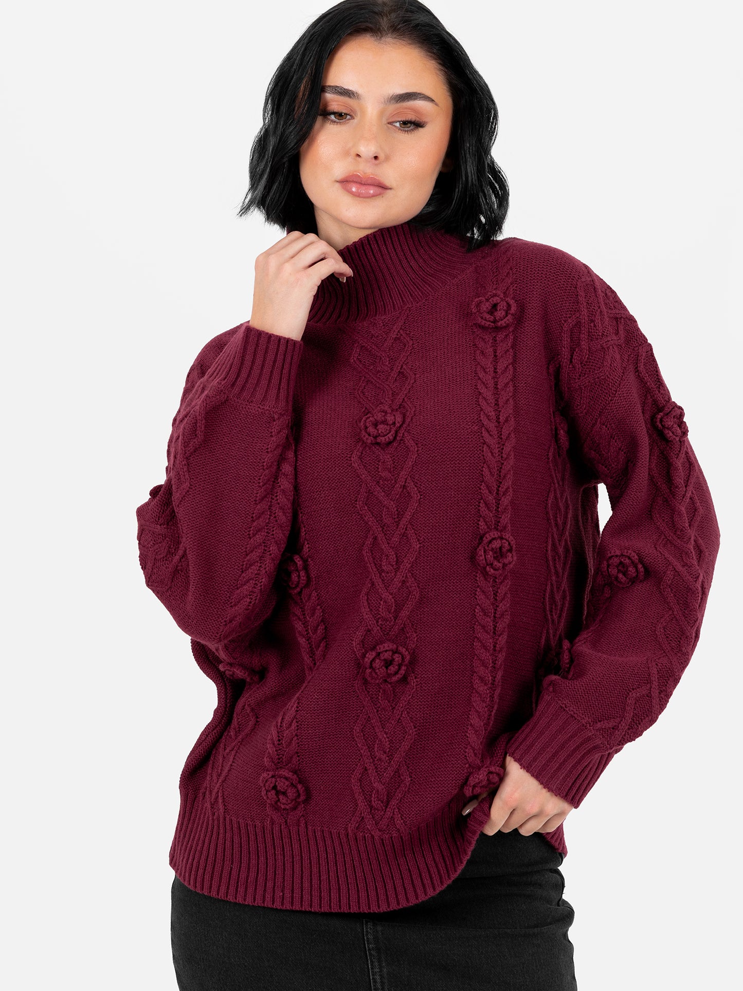 Lovedrobe Burgundy Cable Knit High Neck Jumper with Floral Detail