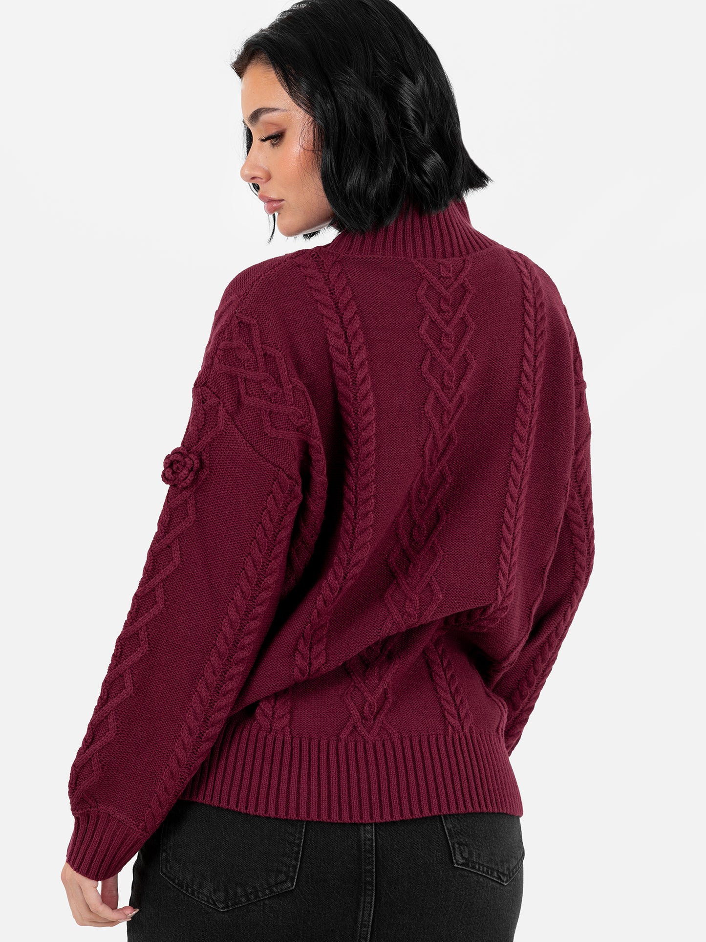 Lovedrobe Burgundy Cable Knit High Neck Jumper with Floral Detail