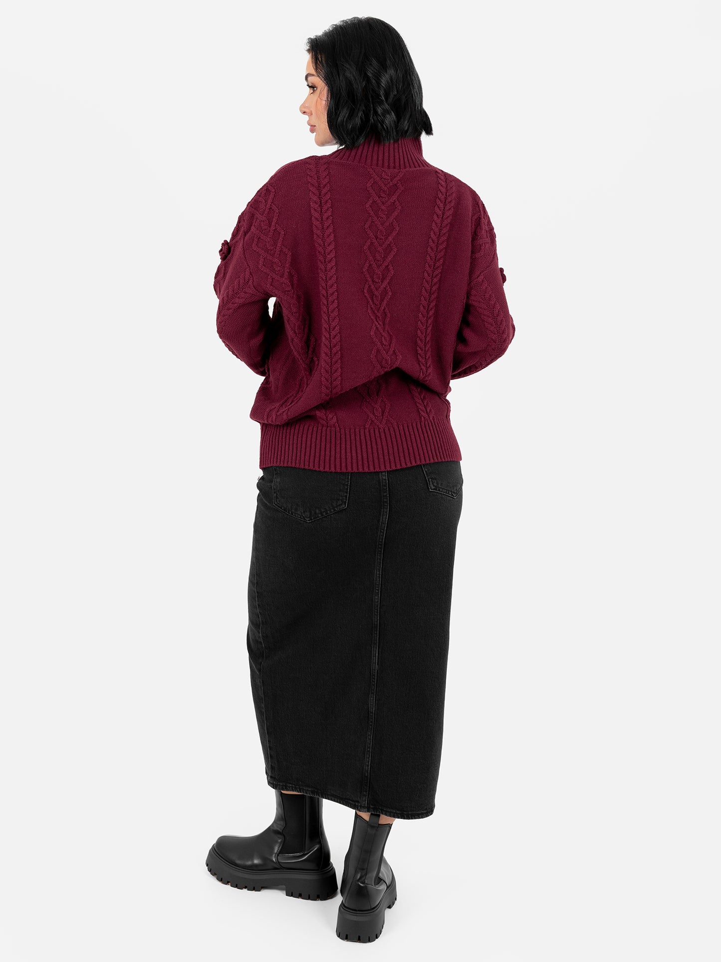 Lovedrobe Burgundy Cable Knit High Neck Jumper with Floral Detail