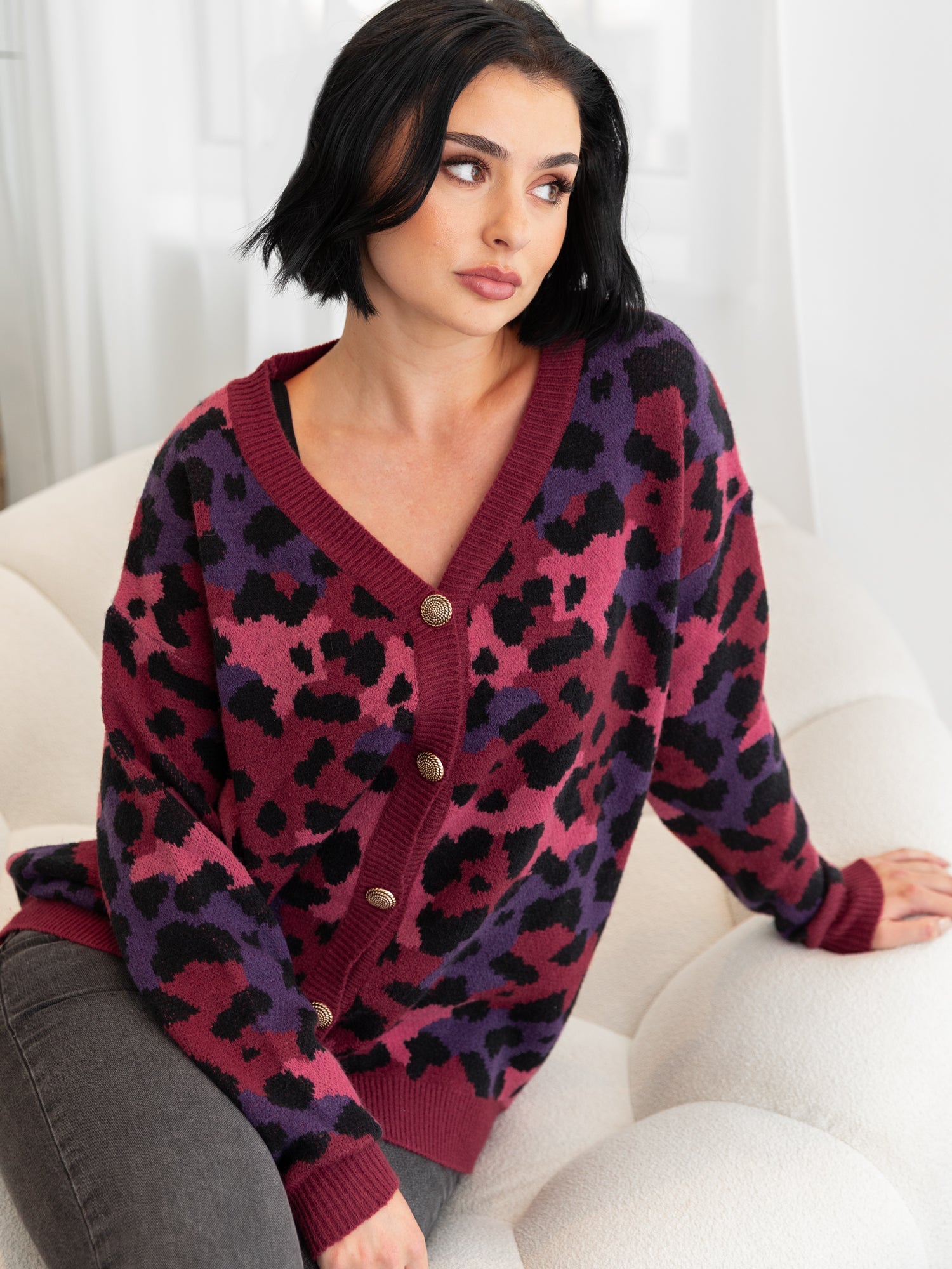 Lovedrobe Leopard Jacquard V Neck Maxiline Cardigan