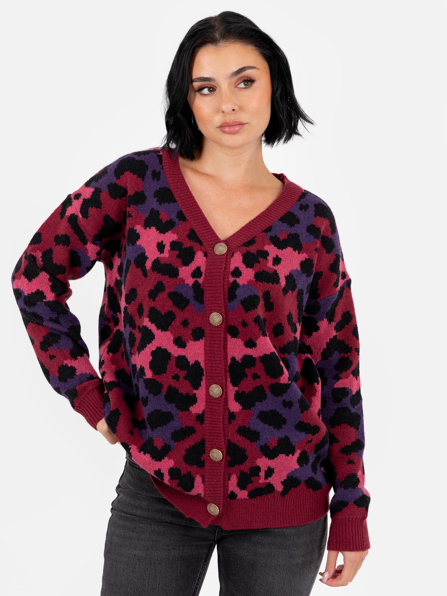 Lovedrobe Leopard Jacquard V Neck Maxiline Cardigan