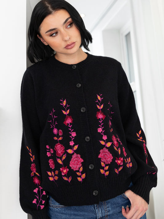 Lovedrobe Floral Embroidered Black Cardigan