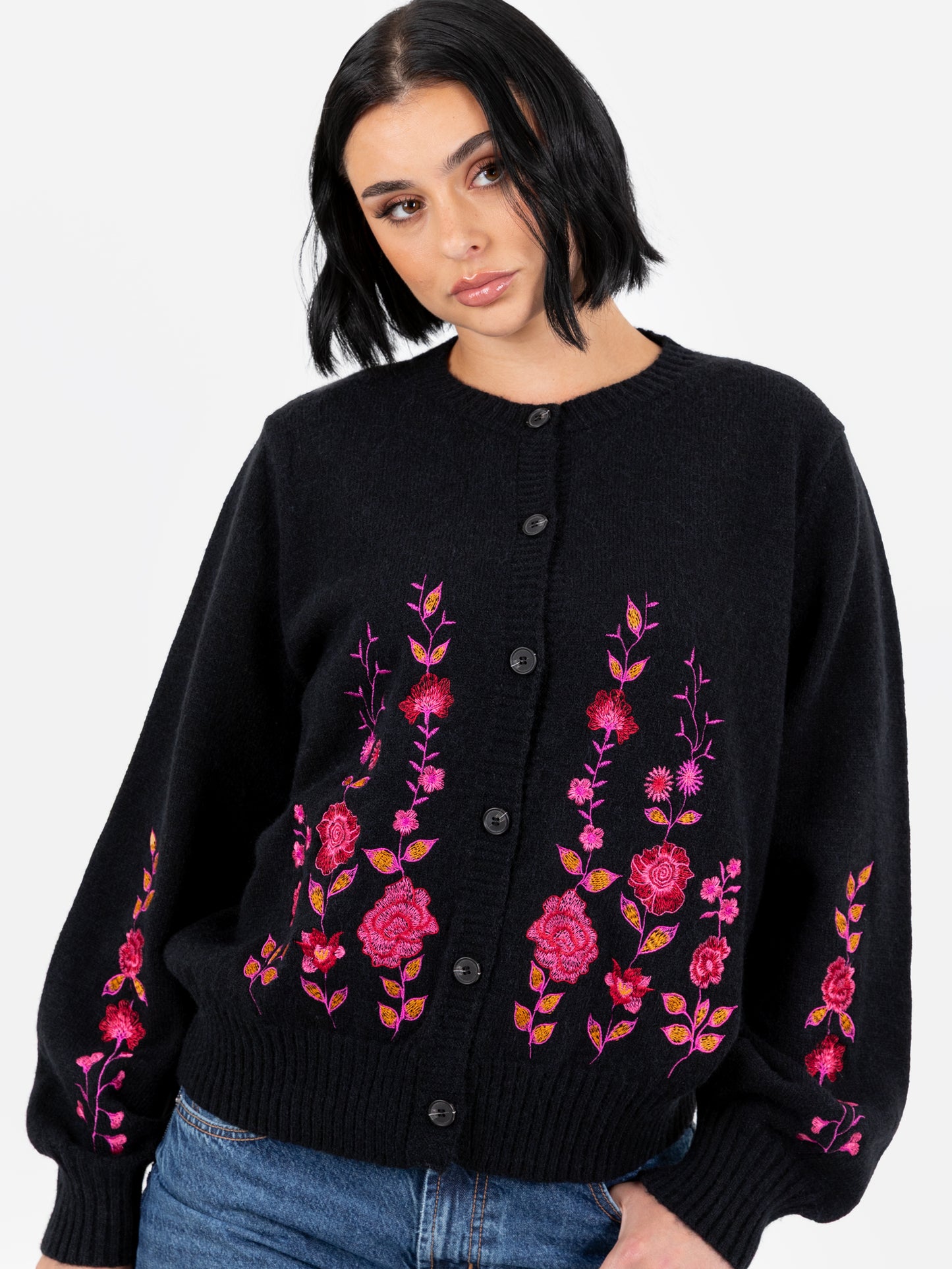Lovedrobe Floral Embroidered Black Cardigan