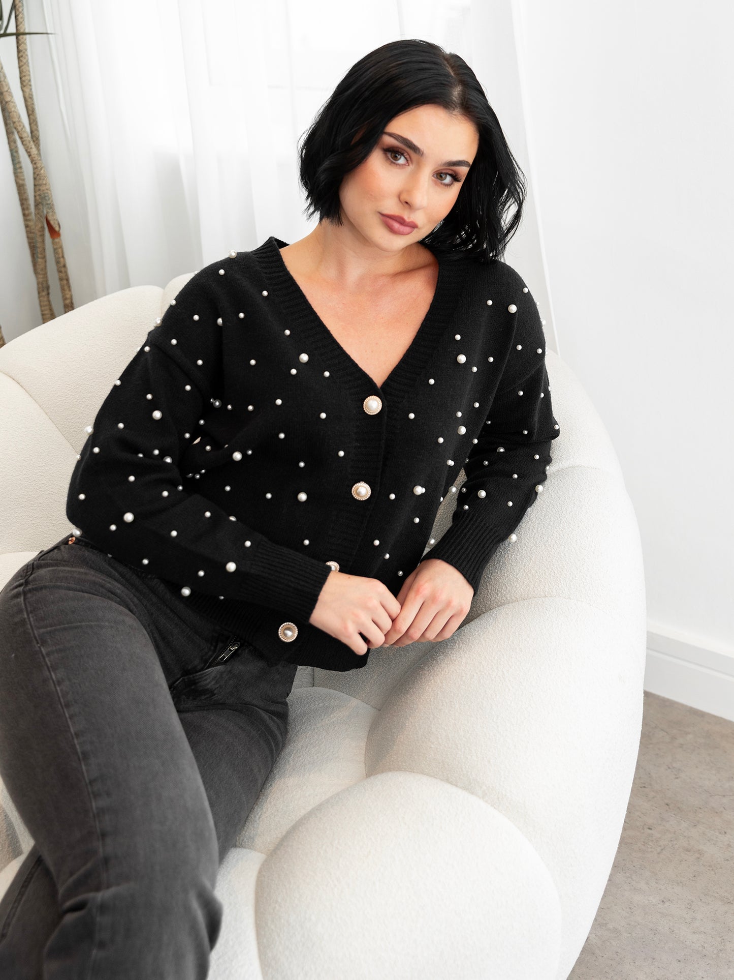 Lovedrobe Pearl Embellished Black Cardigan