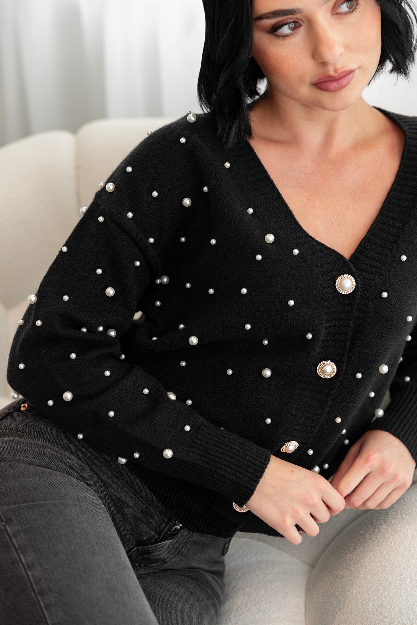 Lovedrobe Pearl Embellished Black Cardigan