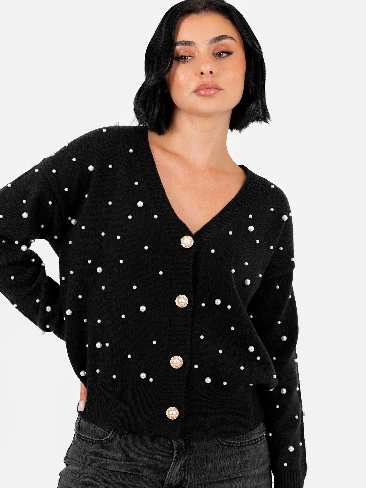 Lovedrobe Pearl Embellished Black Cardigan