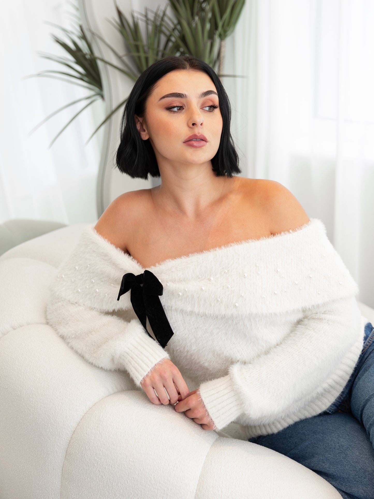 Lovedrobe Velvet Bow & Pearl Embellished Ivory Bardot Jumper