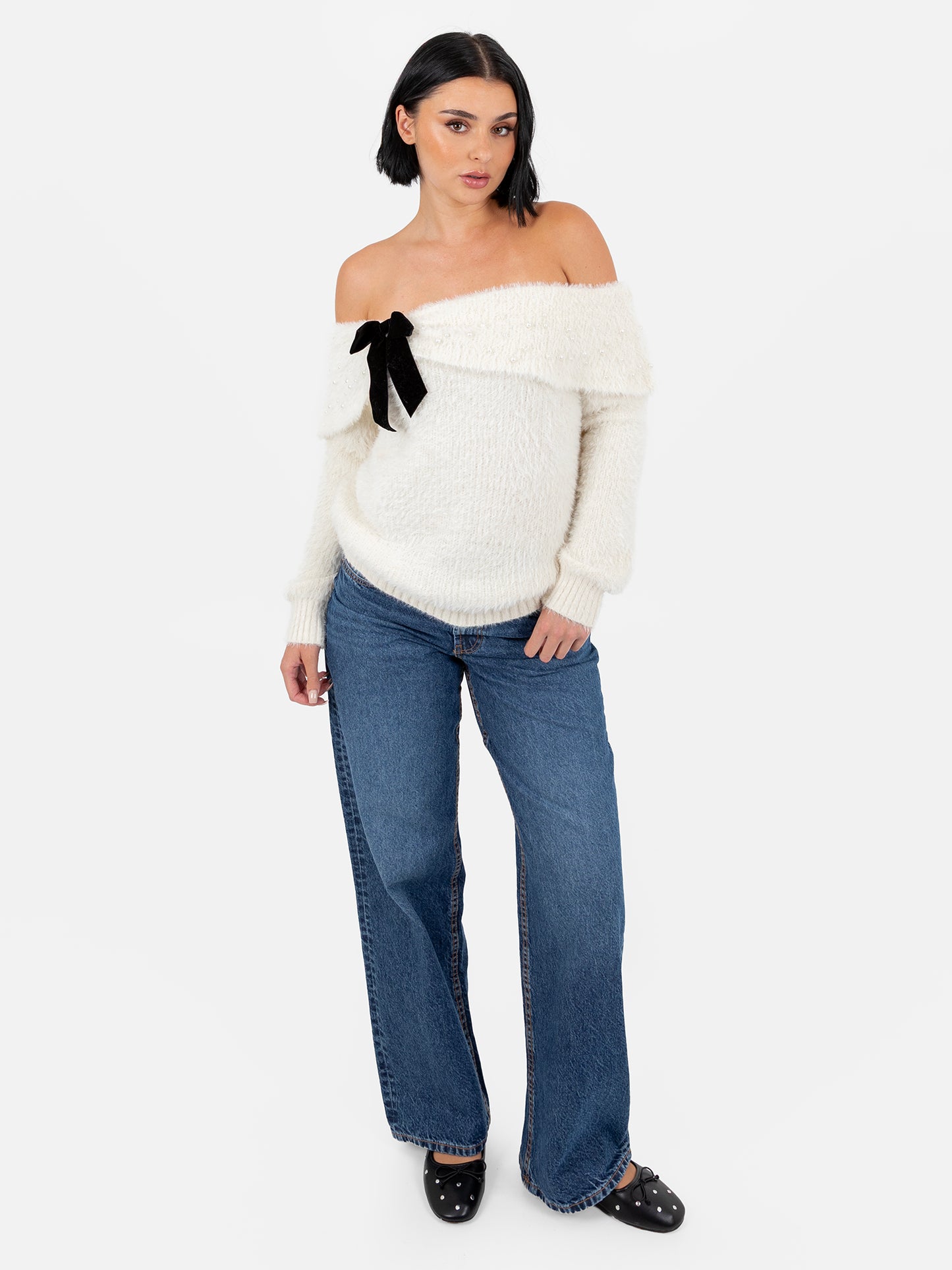 Lovedrobe Velvet Bow & Pearl Embellished Ivory Bardot Jumper