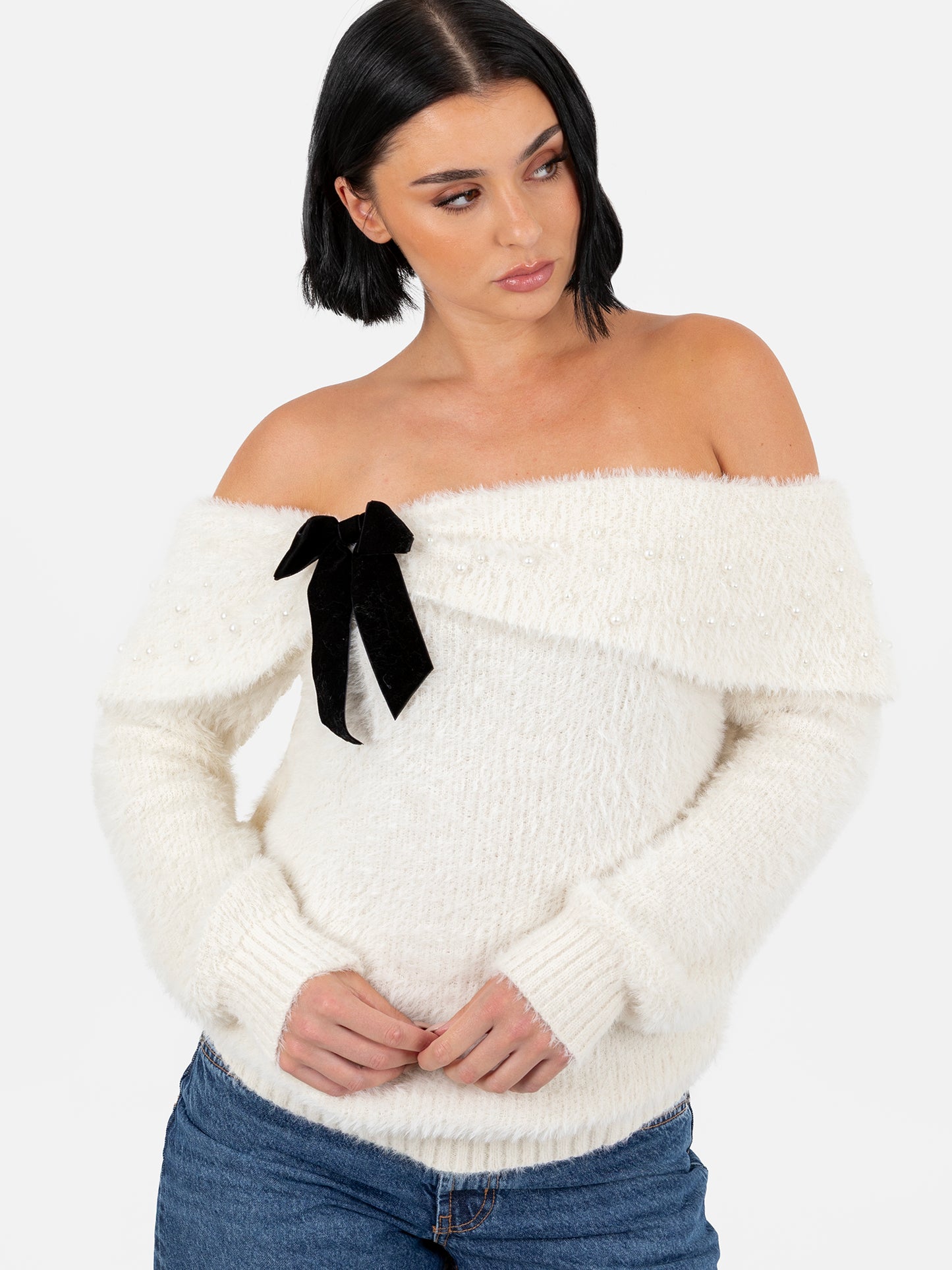 Lovedrobe Velvet Bow & Pearl Embellished Ivory Bardot Jumper