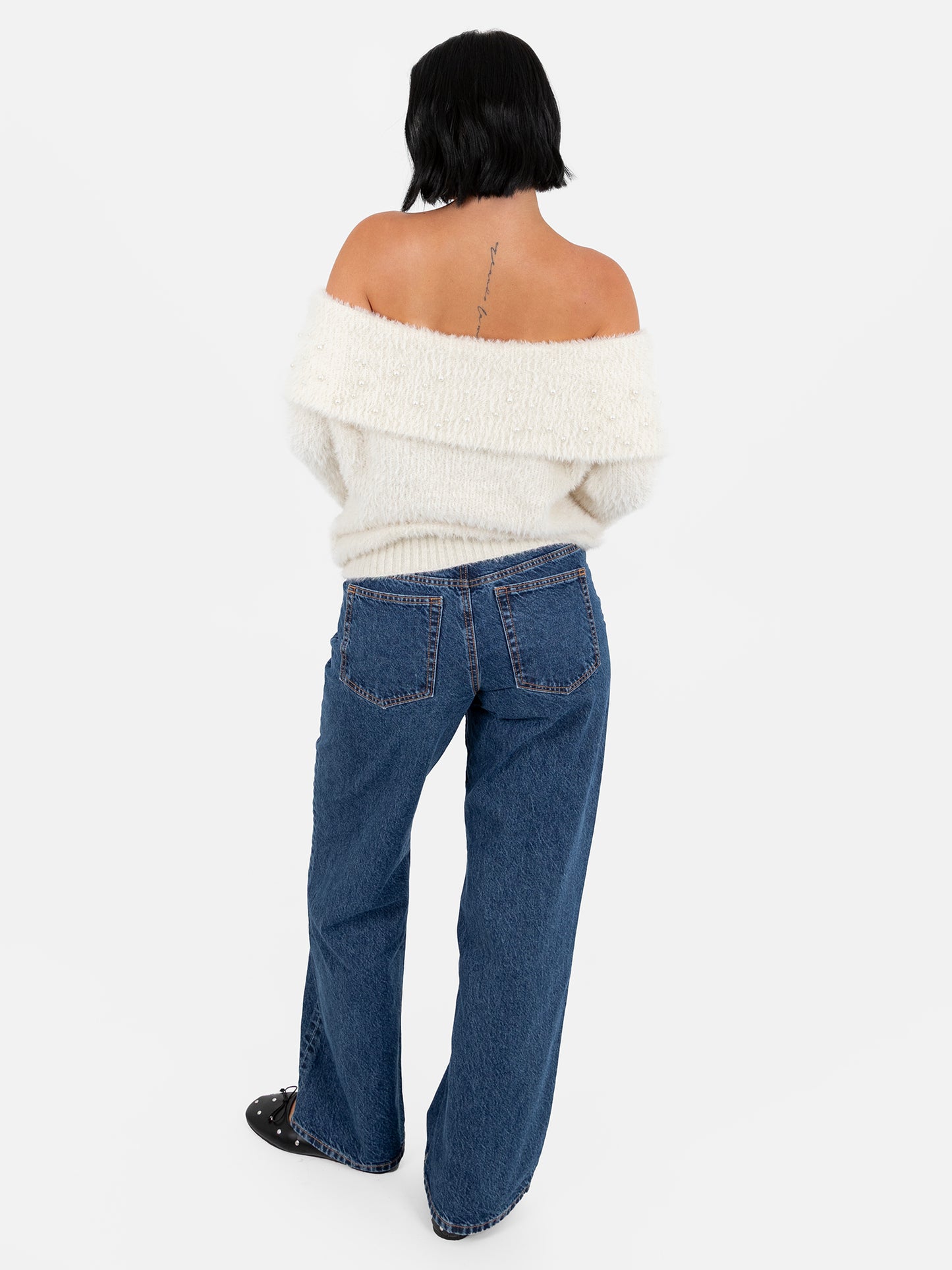 Lovedrobe Velvet Bow & Pearl Embellished Ivory Bardot Jumper