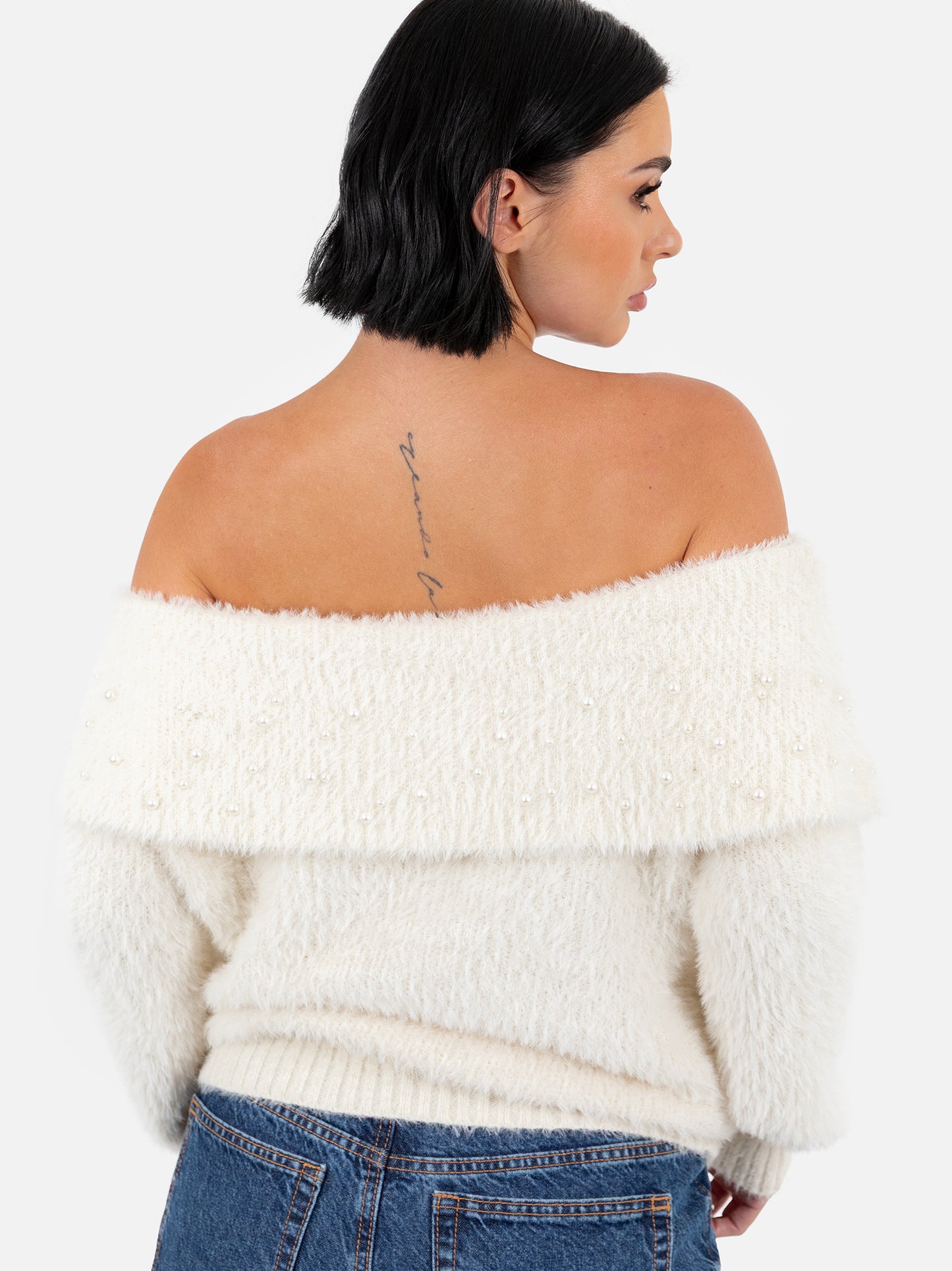 Lovedrobe Velvet Bow & Pearl Embellished Ivory Bardot Jumper