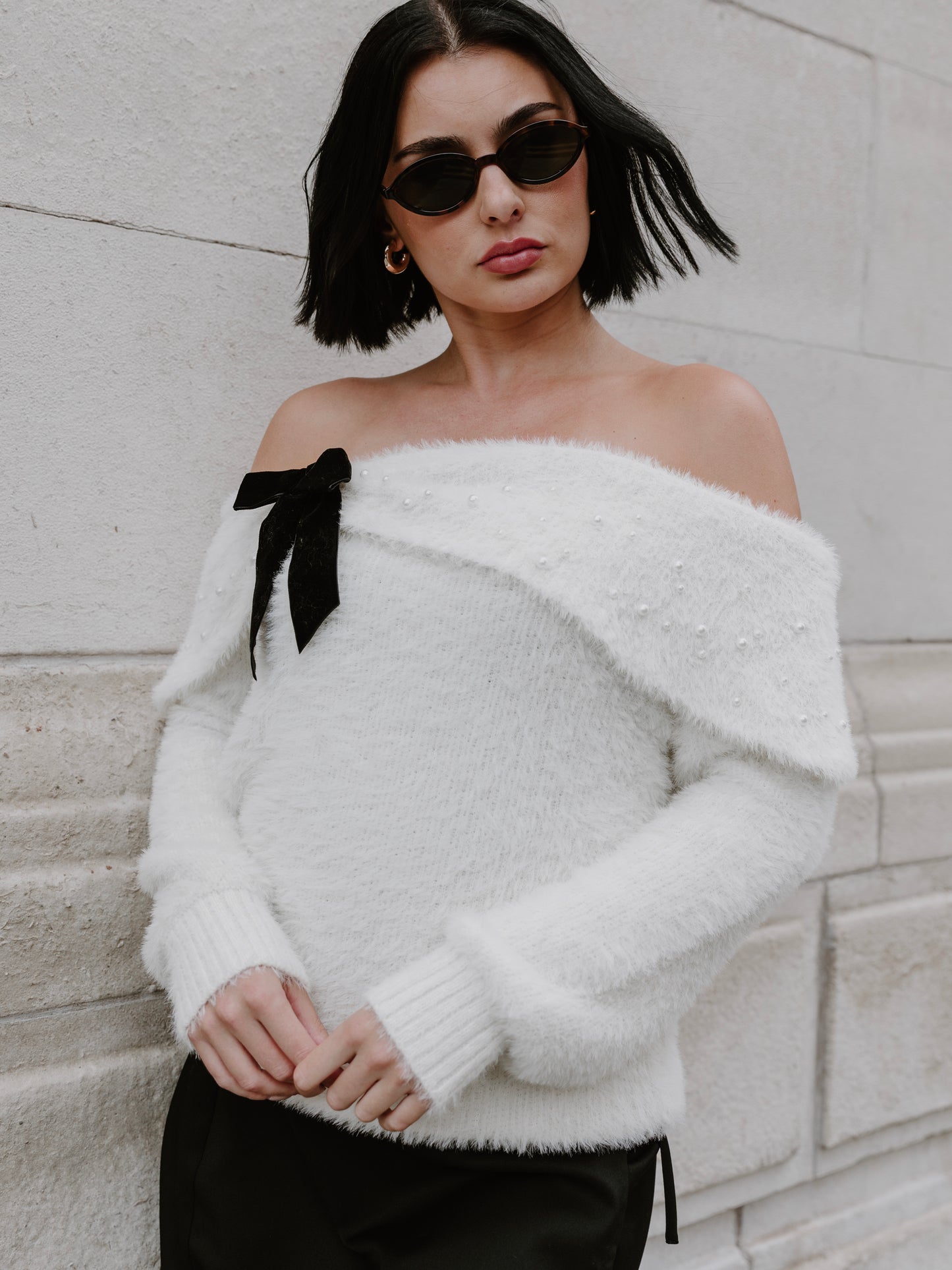 Lovedrobe Velvet Bow & Pearl Embellished Ivory Bardot Jumper