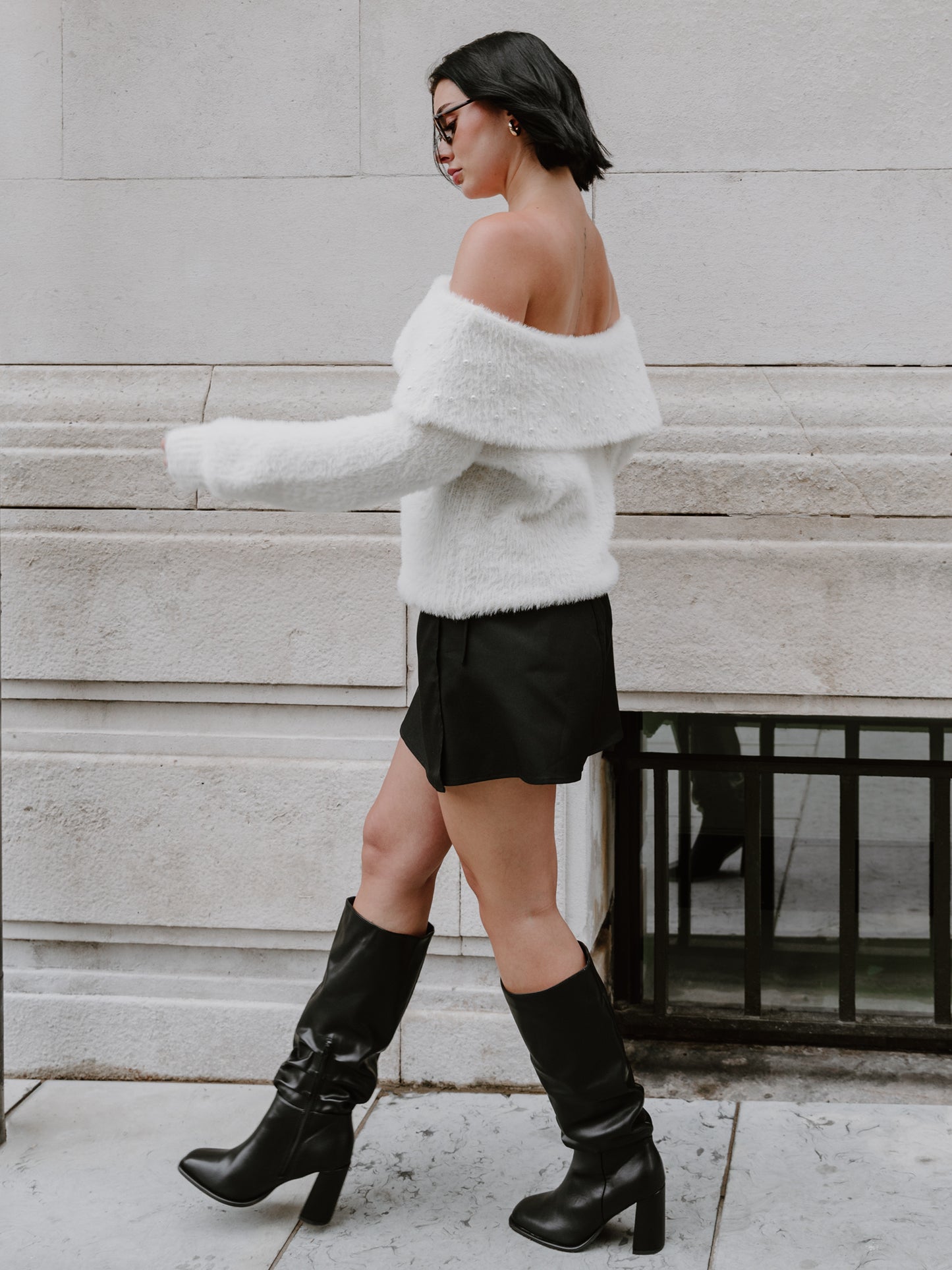 Lovedrobe Velvet Bow & Pearl Embellished Ivory Bardot Jumper