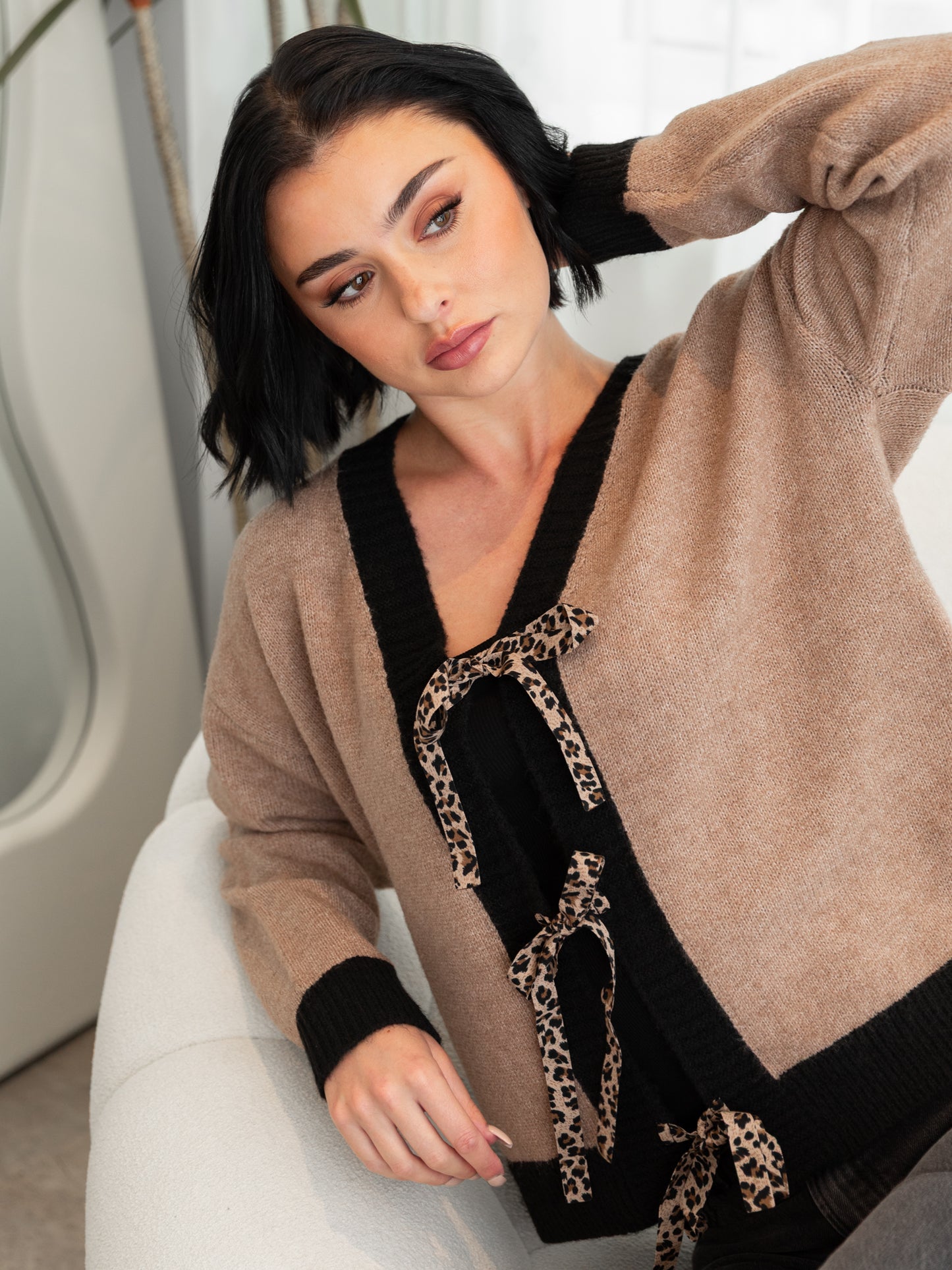 Lovedrobe Contrast Edge & Animal Print Ribbon-Tie Cardigan