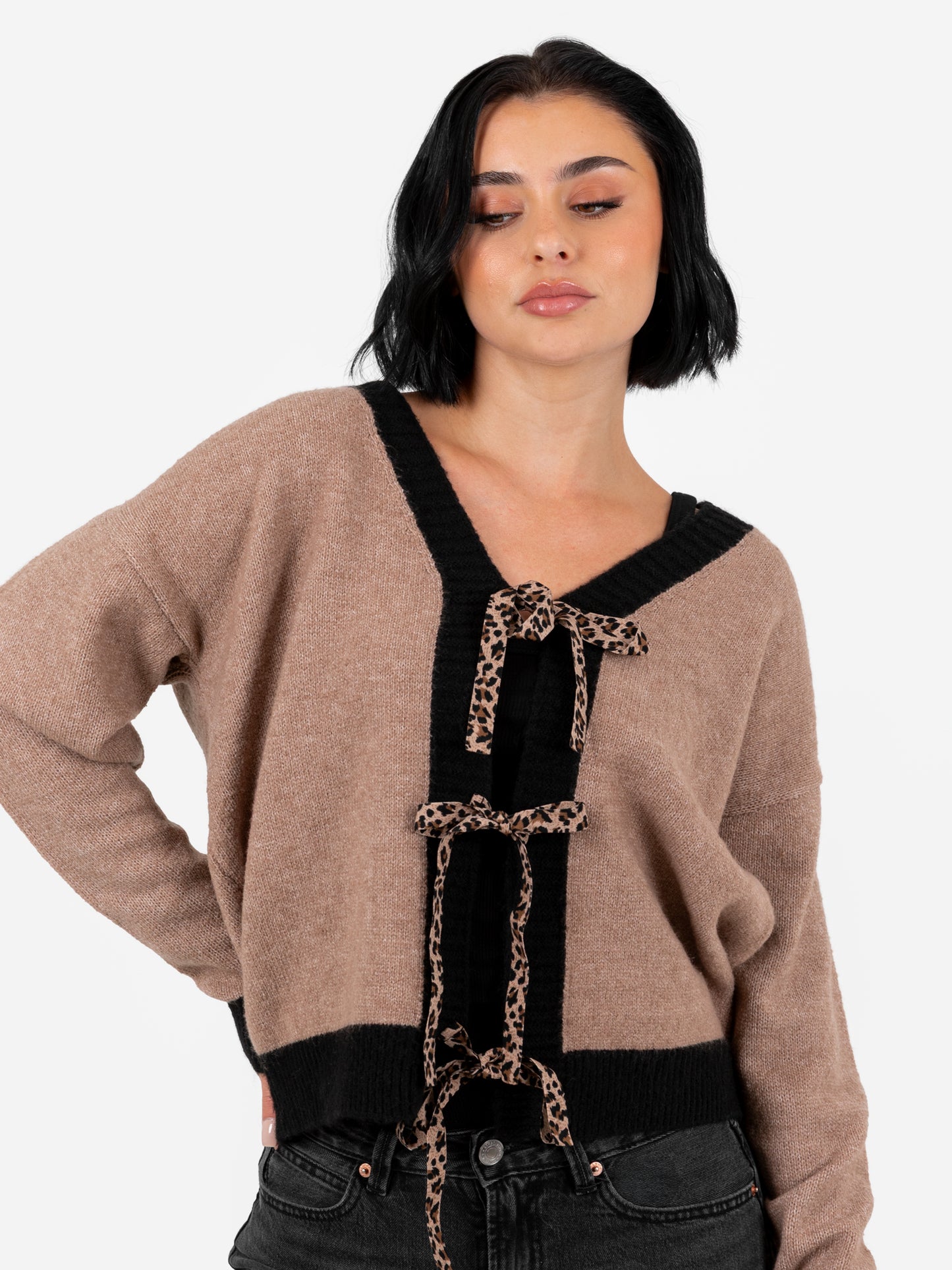 Lovedrobe Contrast Edge & Animal Print Ribbon-Tie Cardigan