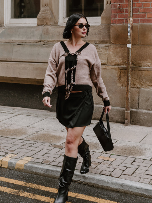 Lovedrobe Contrast Edge & Animal Print Ribbon-Tie Cardigan