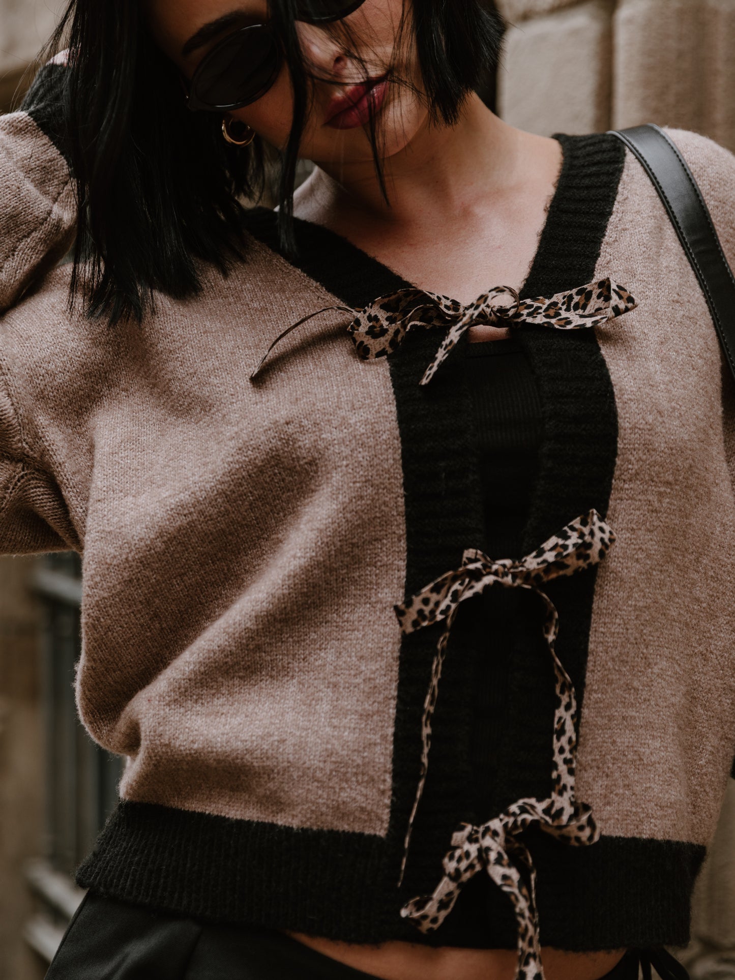 Lovedrobe Contrast Edge & Animal Print Ribbon-Tie Cardigan