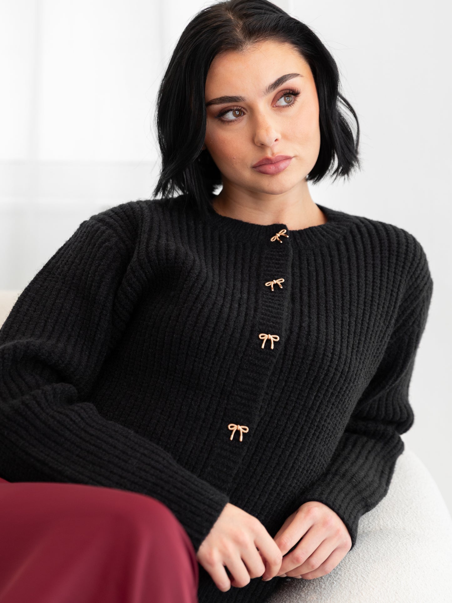 Lovedrobe Bow Button Round Neck Black Cardigan