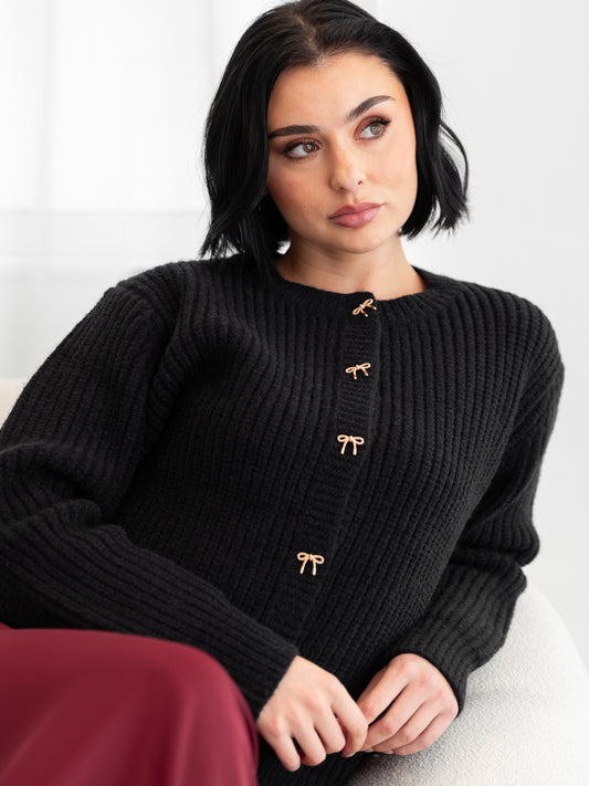 Lovedrobe Bow Button Round Neck Black Cardigan