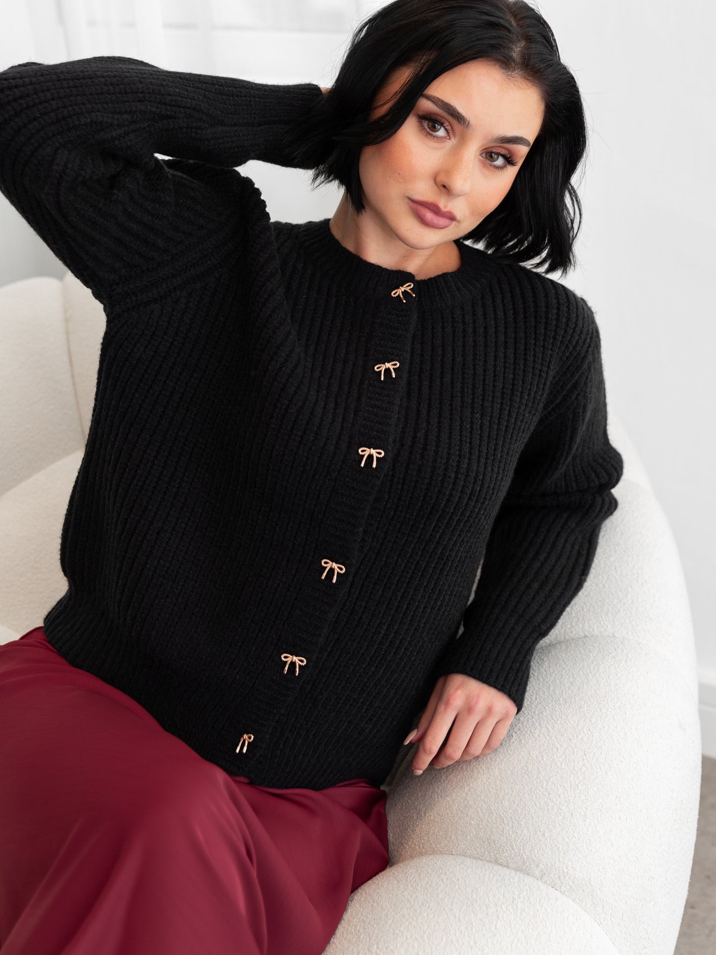 Lovedrobe Bow Button Round Neck Black Cardigan