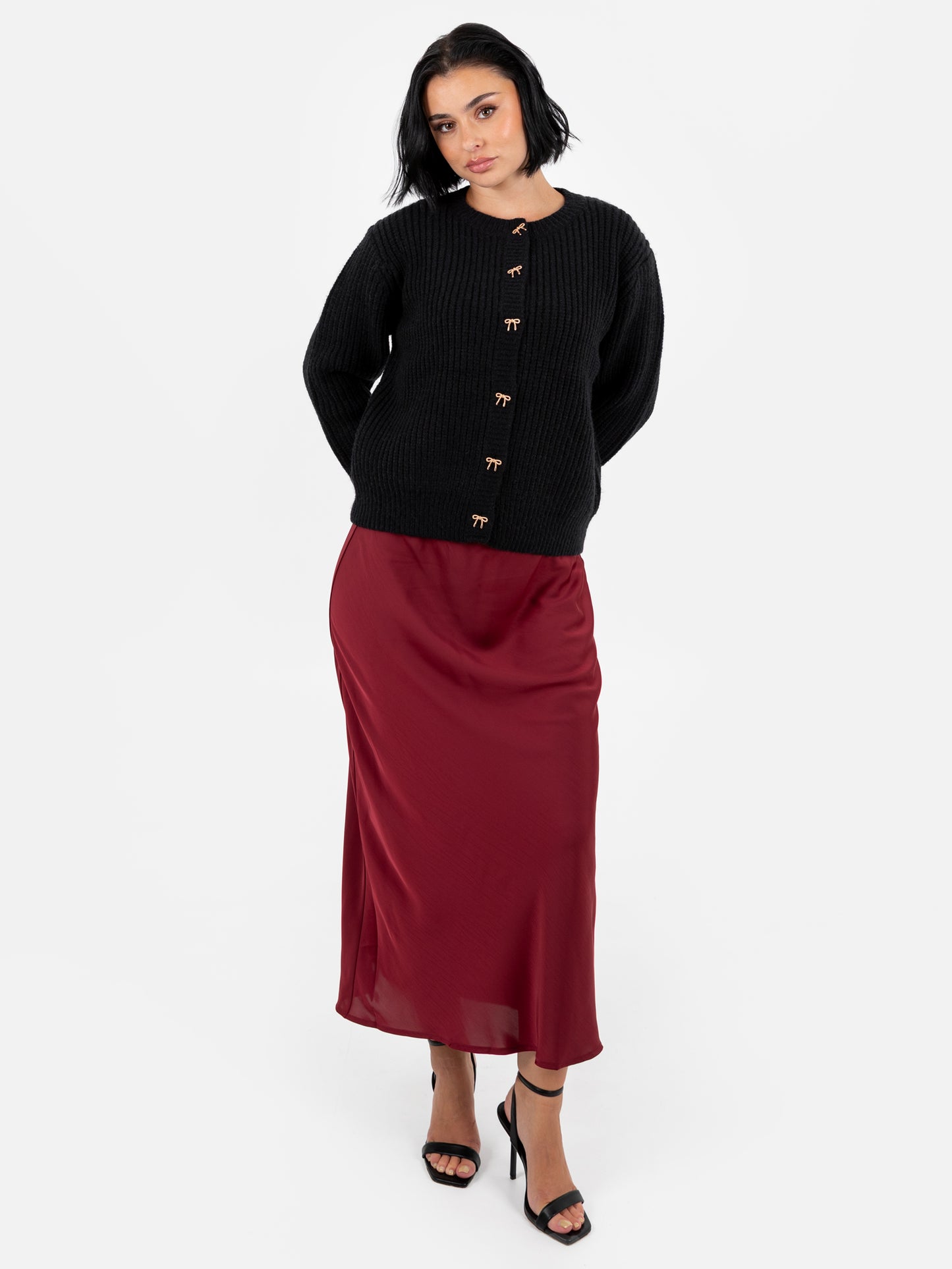 Lovedrobe Bow Button Round Neck Black Cardigan