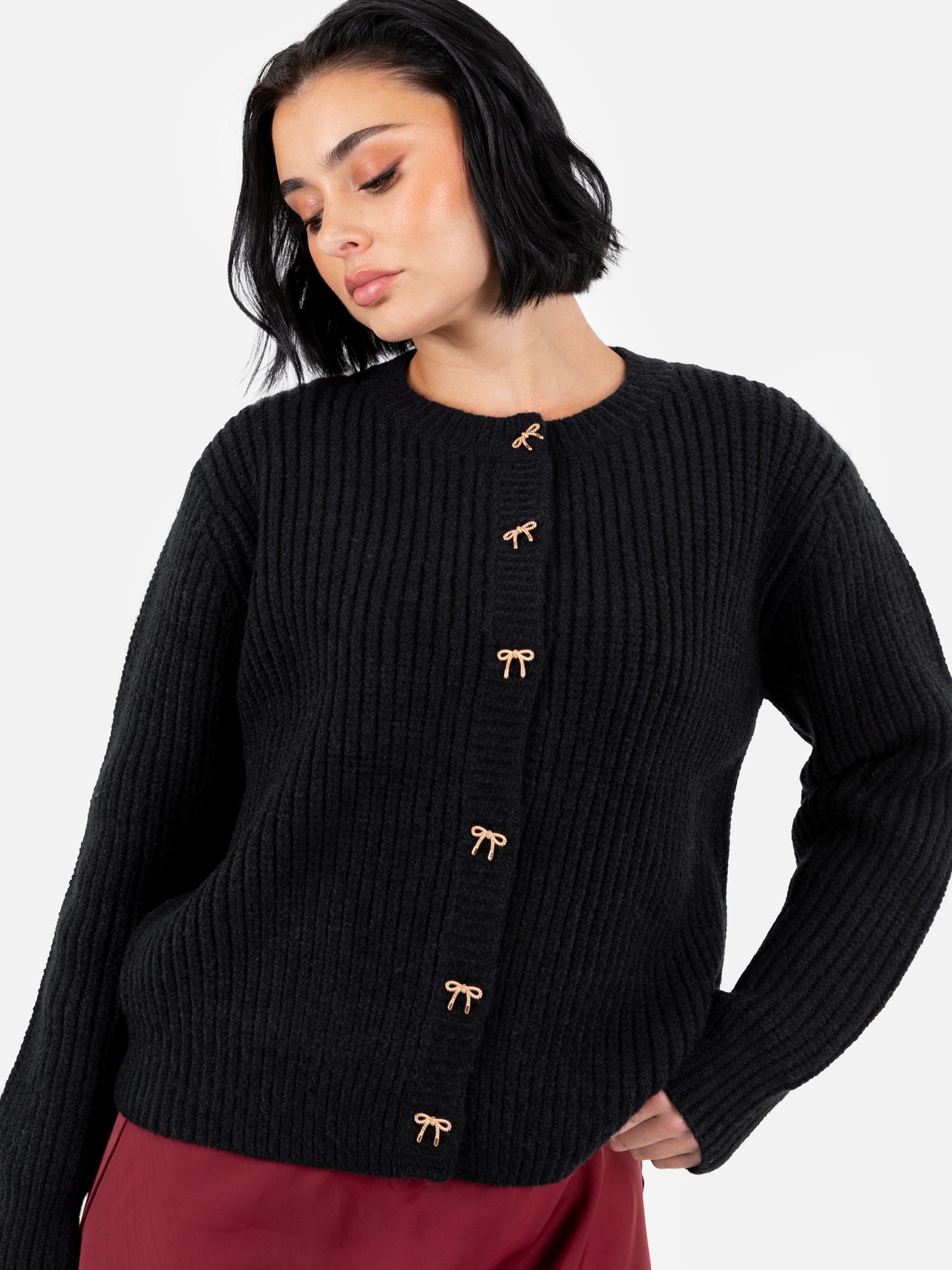 Lovedrobe Bow Button Round Neck Black Cardigan