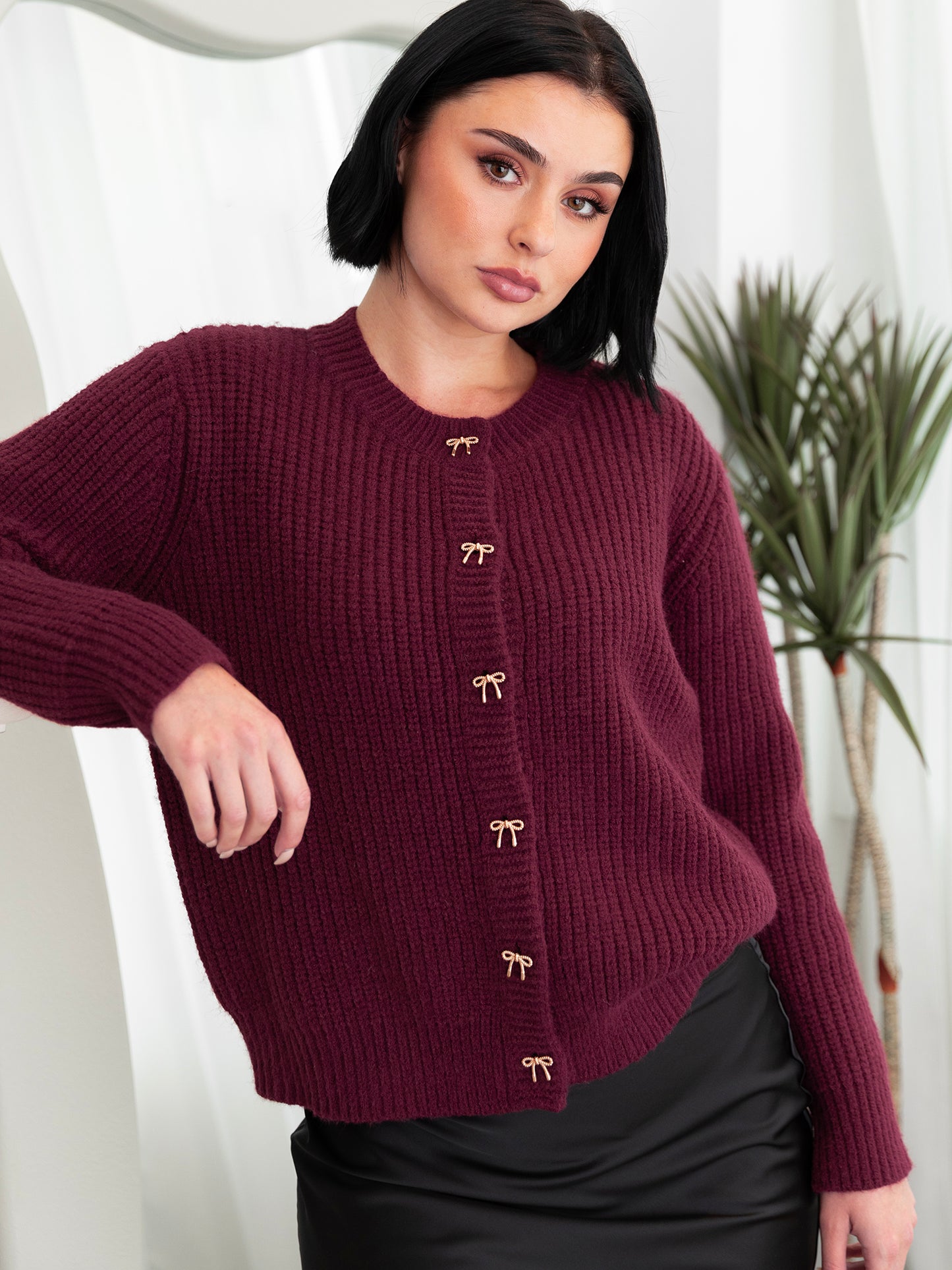 Lovedrobe Bow Button Round Neck Burgundy Cardigan
