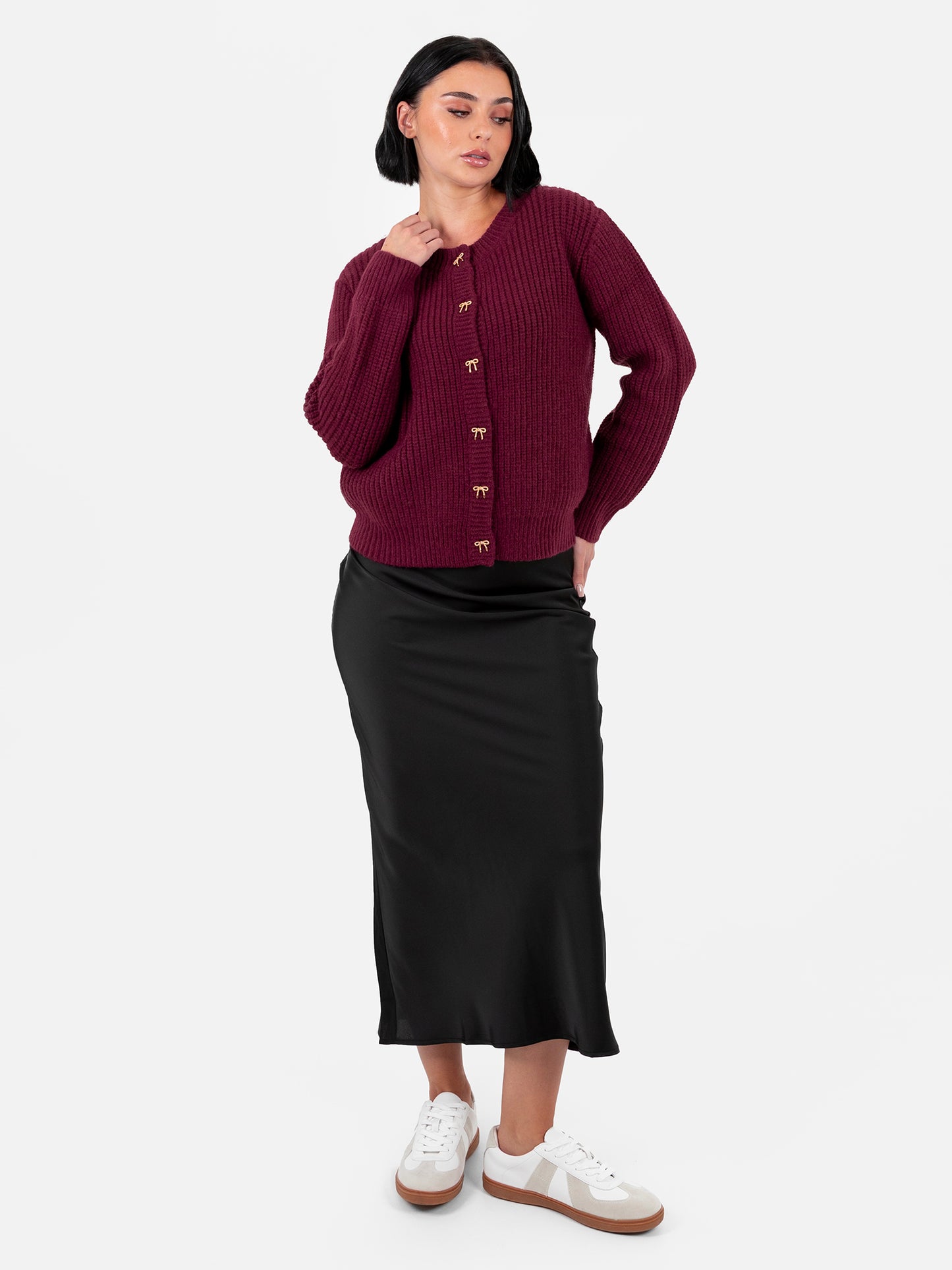 Lovedrobe Bow Button Round Neck Burgundy Cardigan