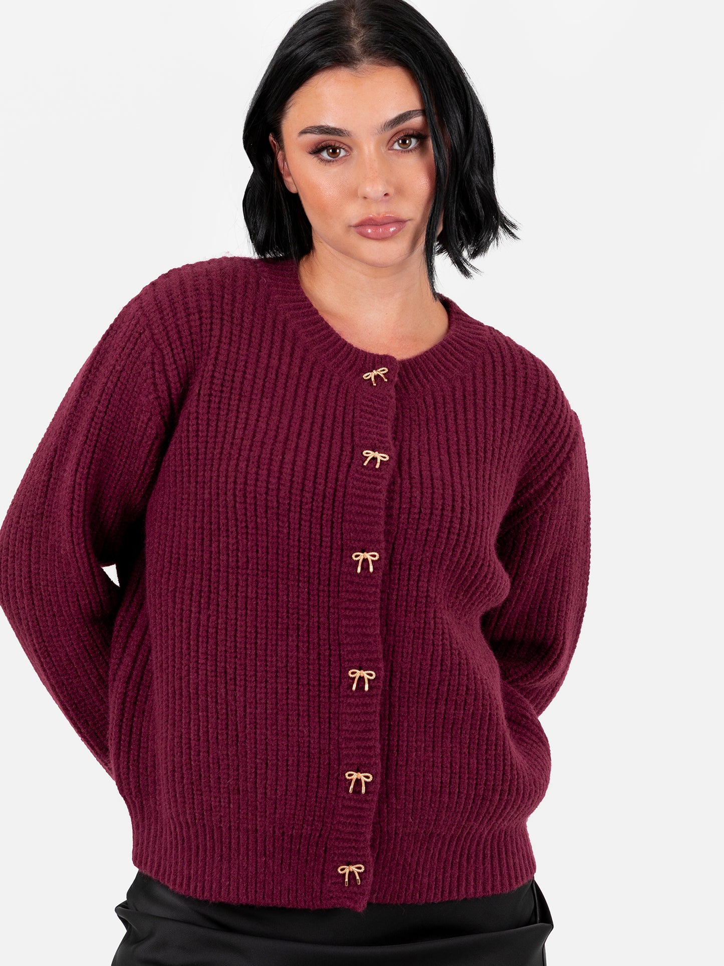 Lovedrobe Bow Button Round Neck Burgundy Cardigan