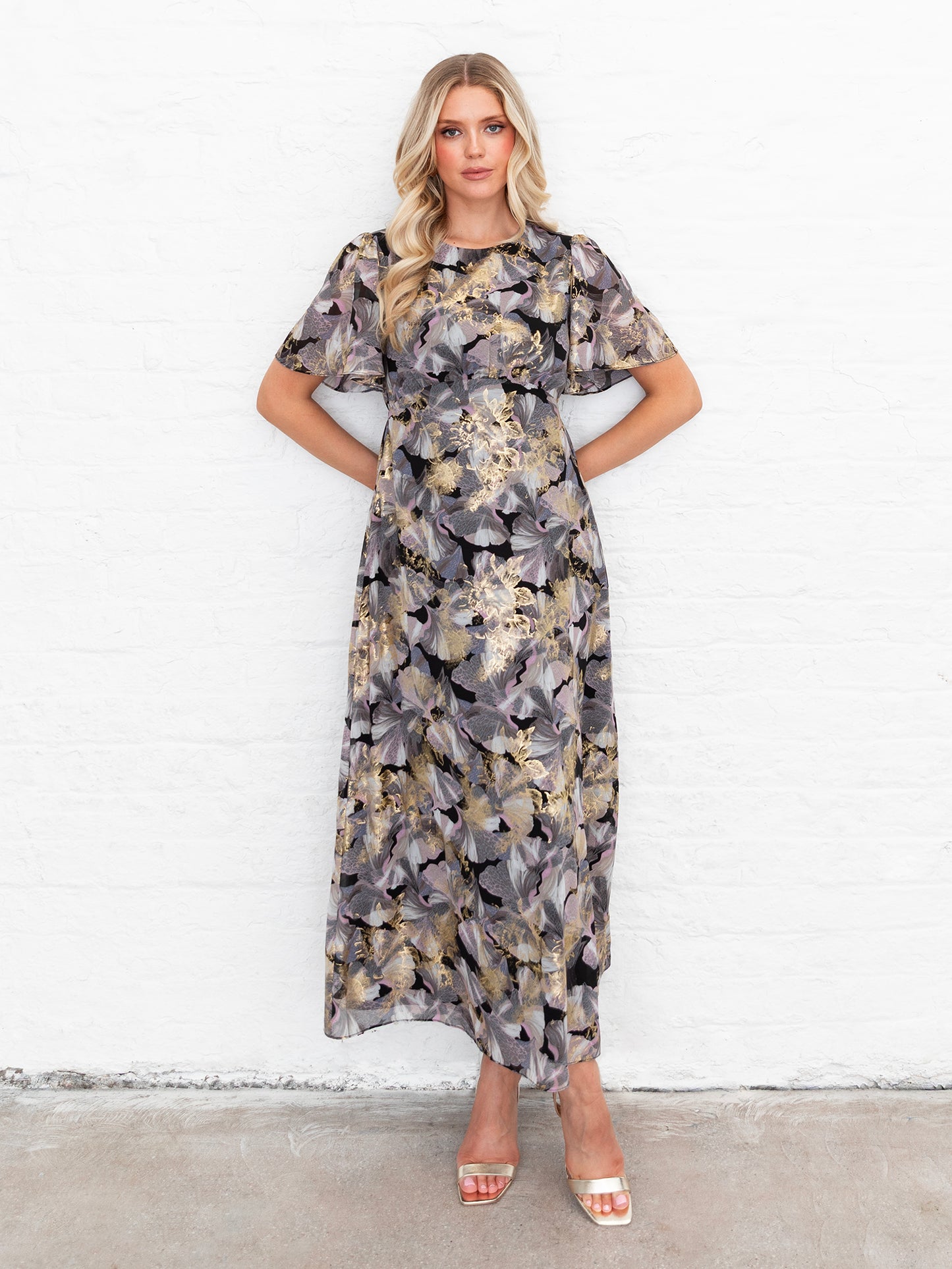 Lovedrobe Floral Angel Sleeve Midaxi Dress with Gold Detail