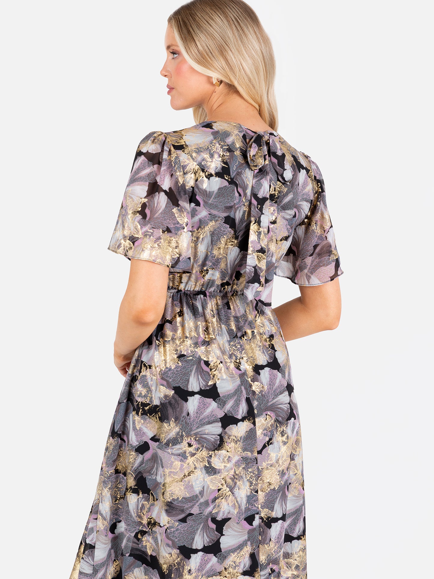 Lovedrobe Floral Angel Sleeve Midaxi Dress with Gold Detail
