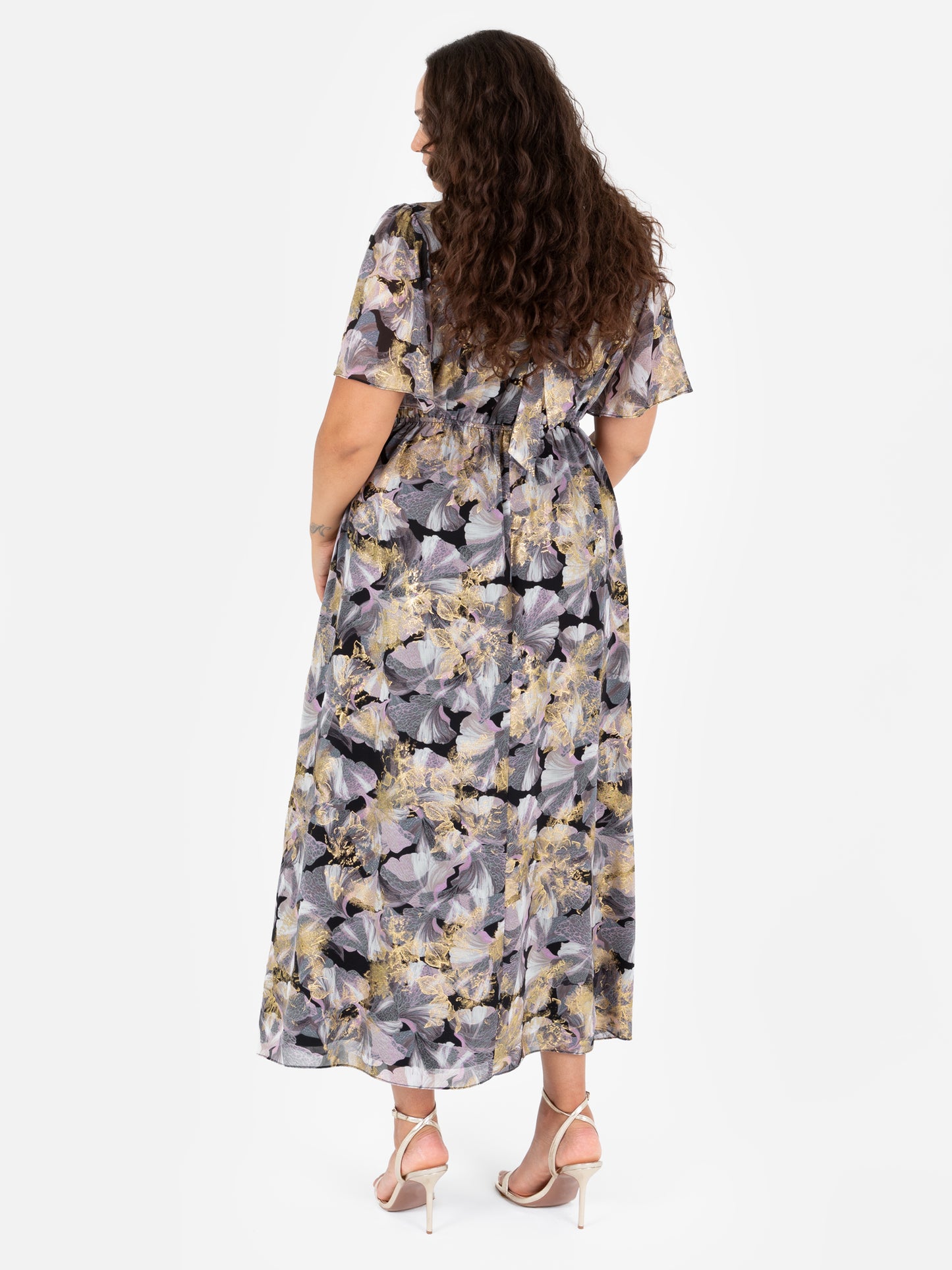 Lovedrobe Floral Angel Sleeve Midaxi Dress with Gold Detail