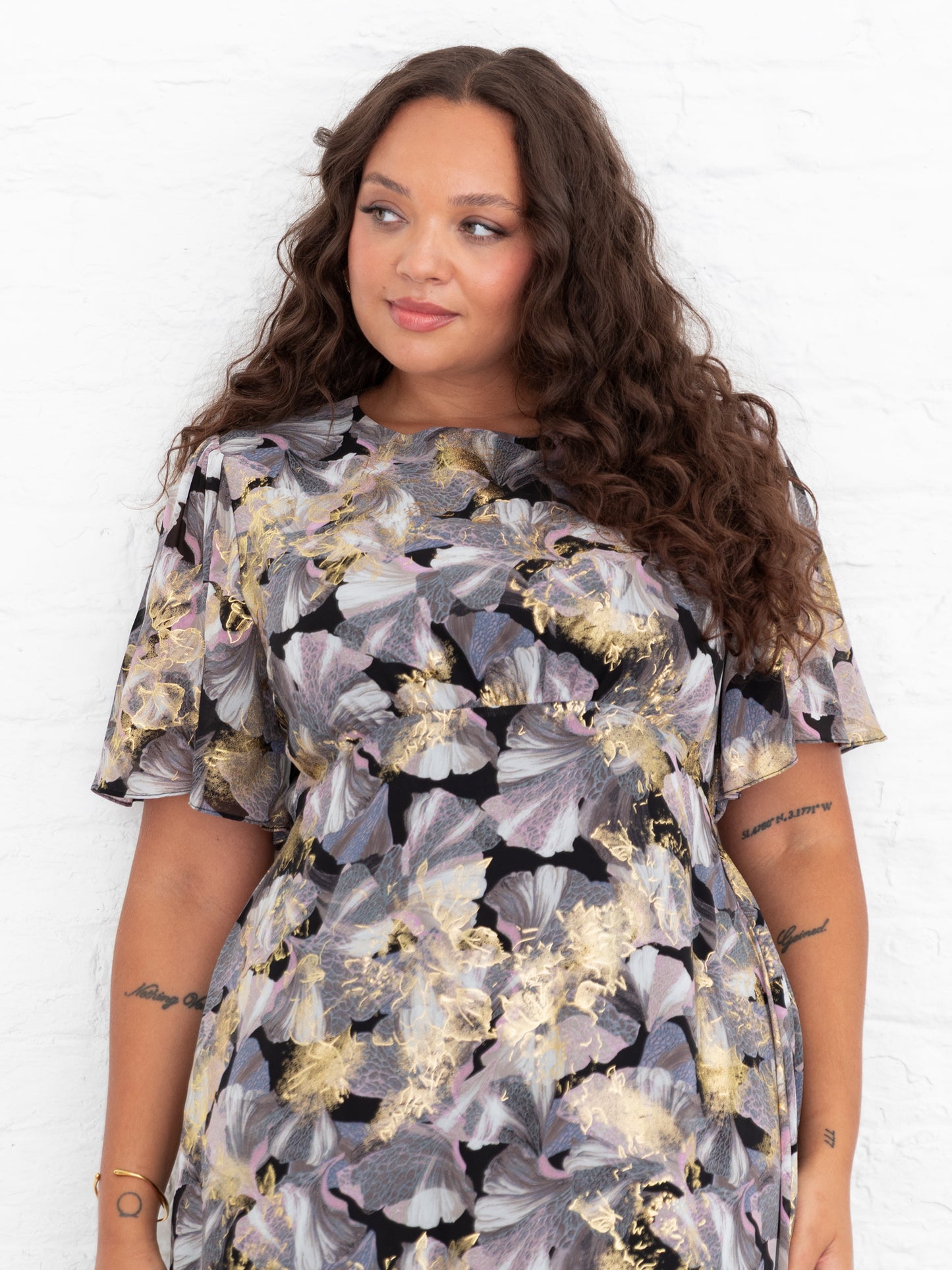 Lovedrobe Floral Angel Sleeve Midaxi Dress with Gold Detail