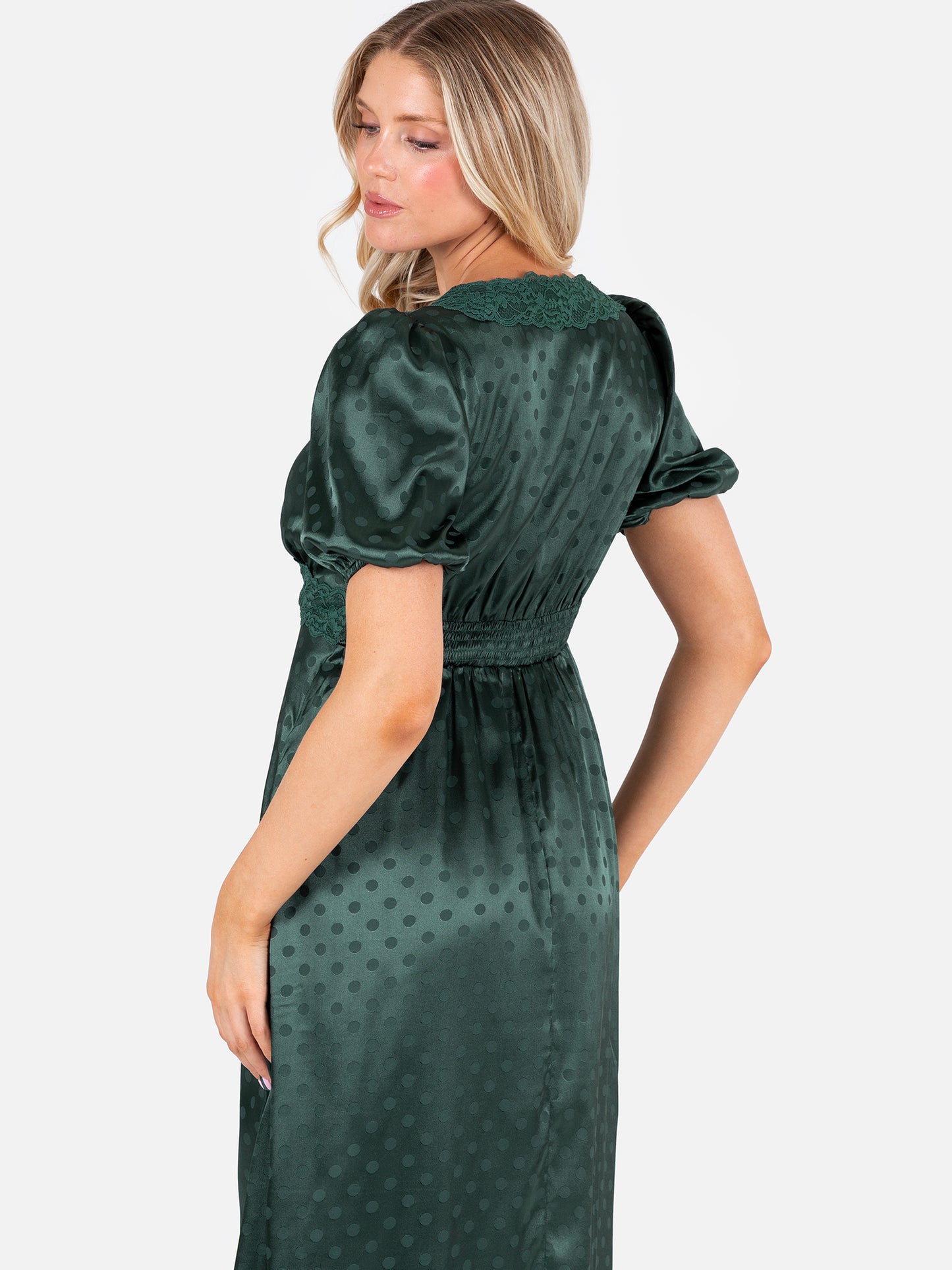 Lovedrobe Emerald Polka Dot V Neck Midaxi Dress with Lace Trim