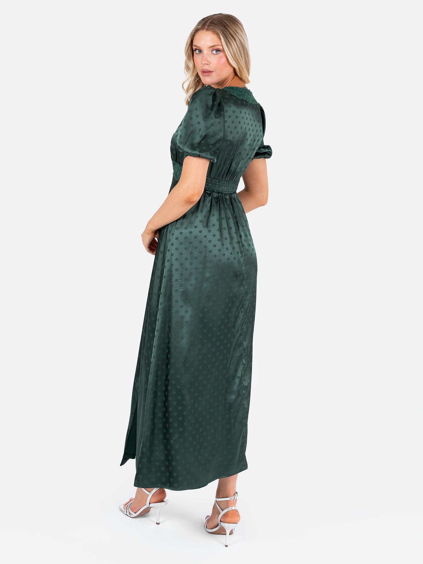 Lovedrobe Emerald Polka Dot V Neck Midaxi Dress with Lace Trim