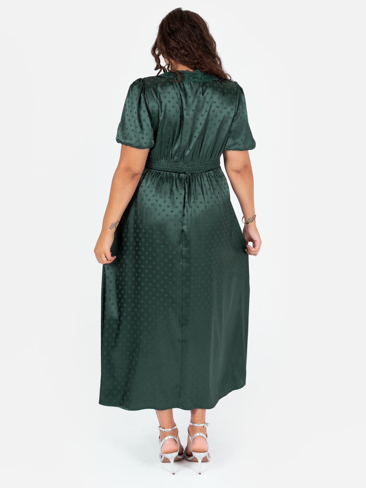 Lovedrobe Emerald Polka Dot V Neck Midaxi Dress with Lace Trim