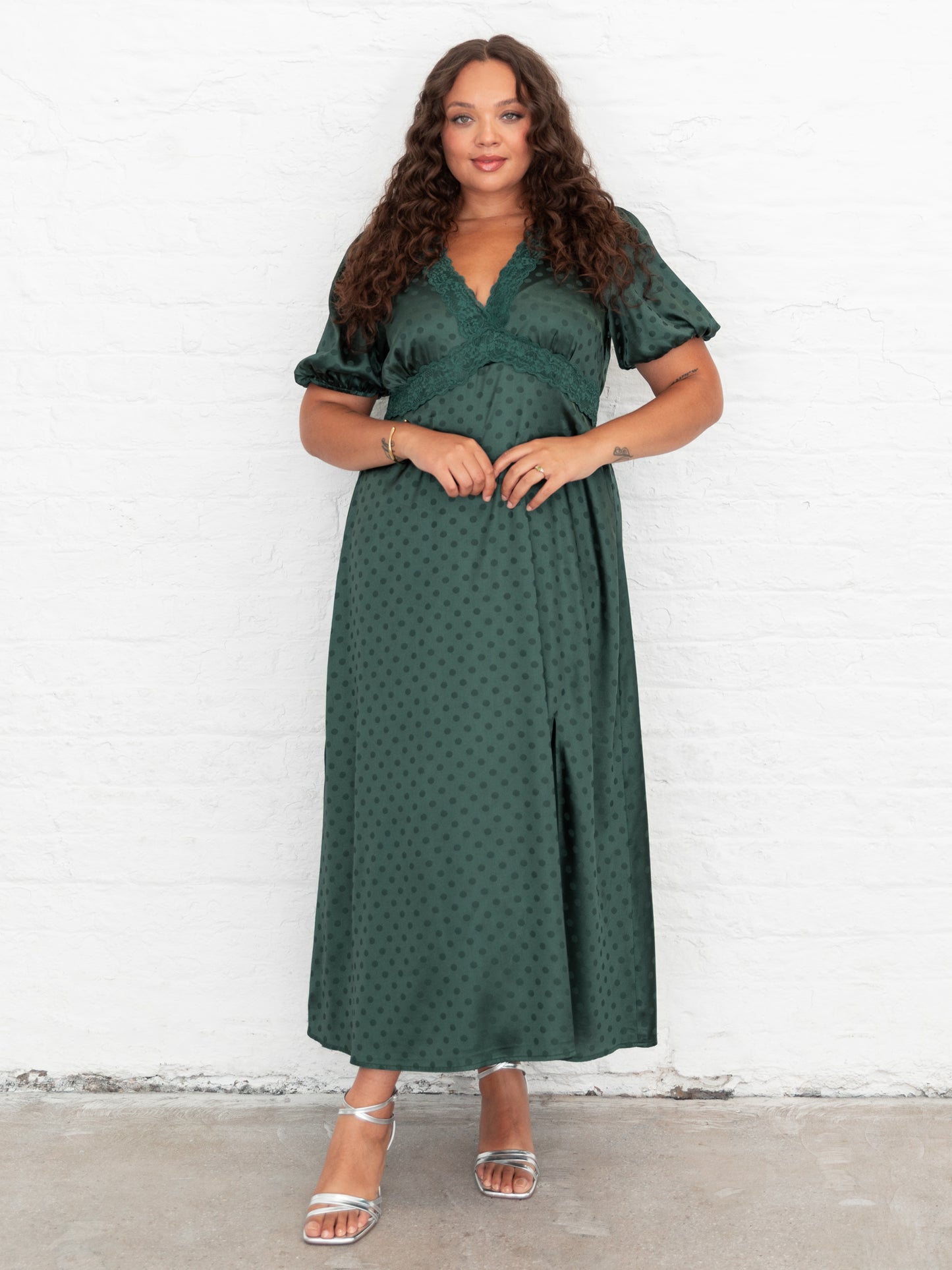 Lovedrobe Emerald Polka Dot V Neck Midaxi Dress with Lace Trim