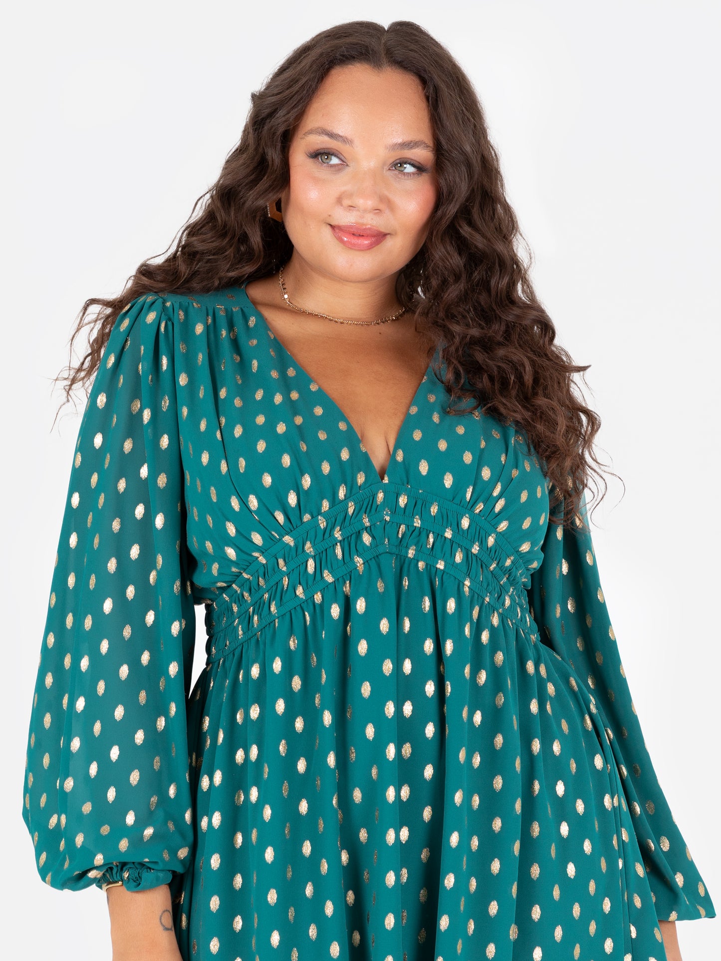 Lovedrobe Green Maxi Sleeve V Neck Mini Dress