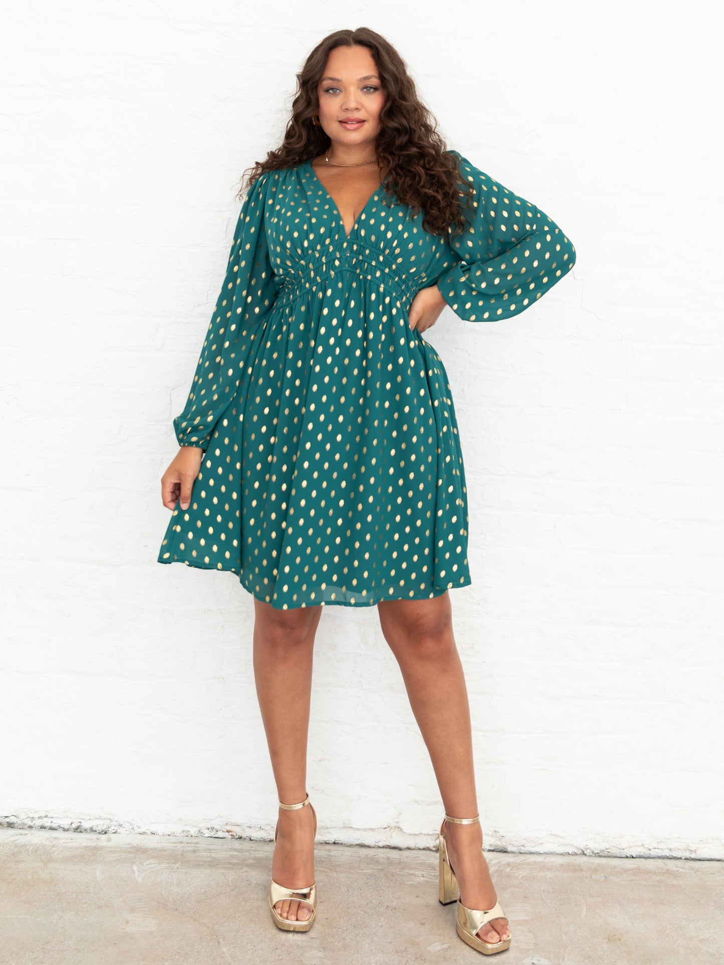 Lovedrobe Green Maxi Sleeve V Neck Mini Dress