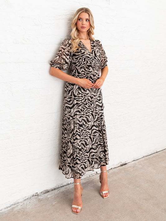 Lovedrobe Animal Print Faux Wrap Puff Sleeve Midaxi Dress